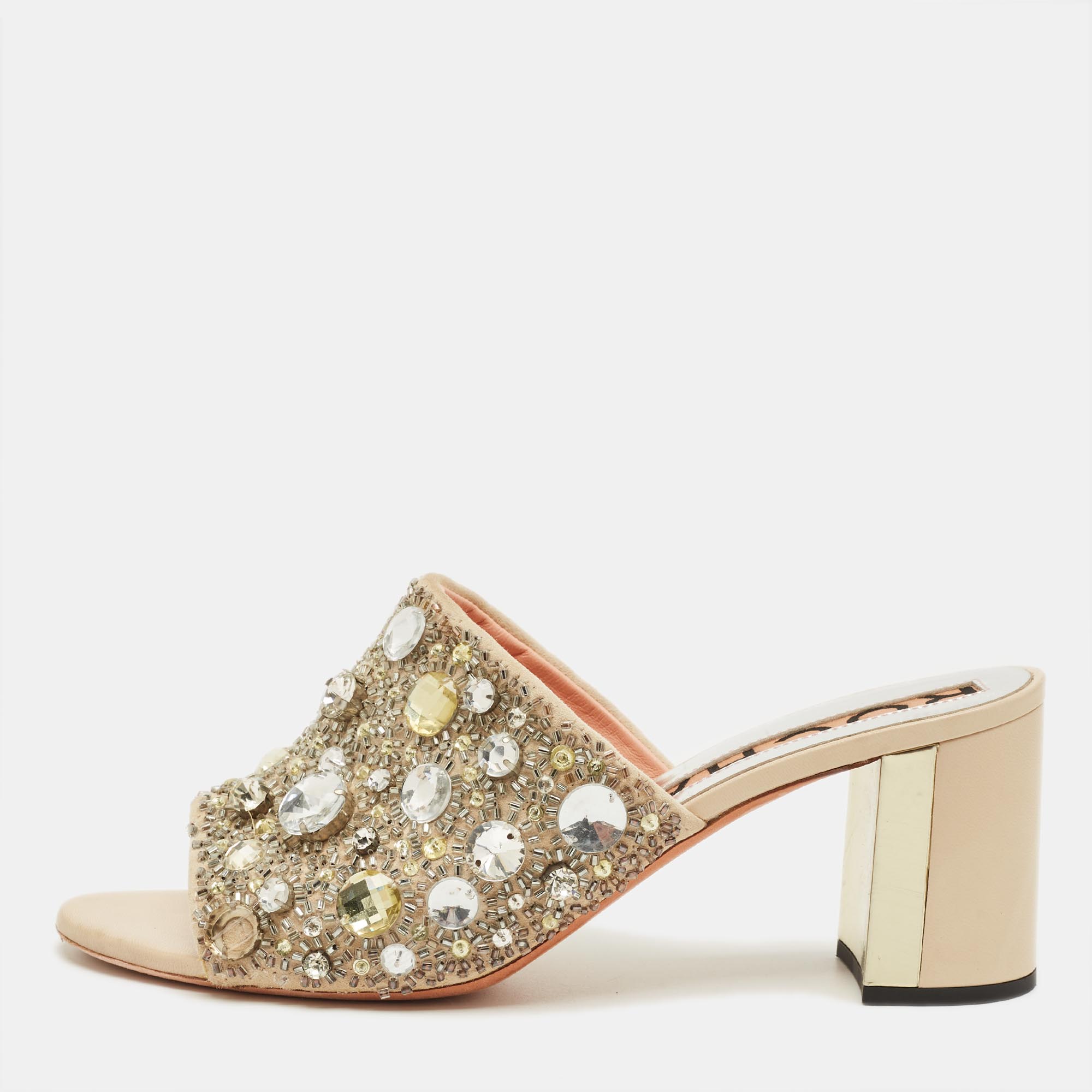 Pre-owned Rochas Beige Suede Crystal Embellished Slide Sandals Size 40