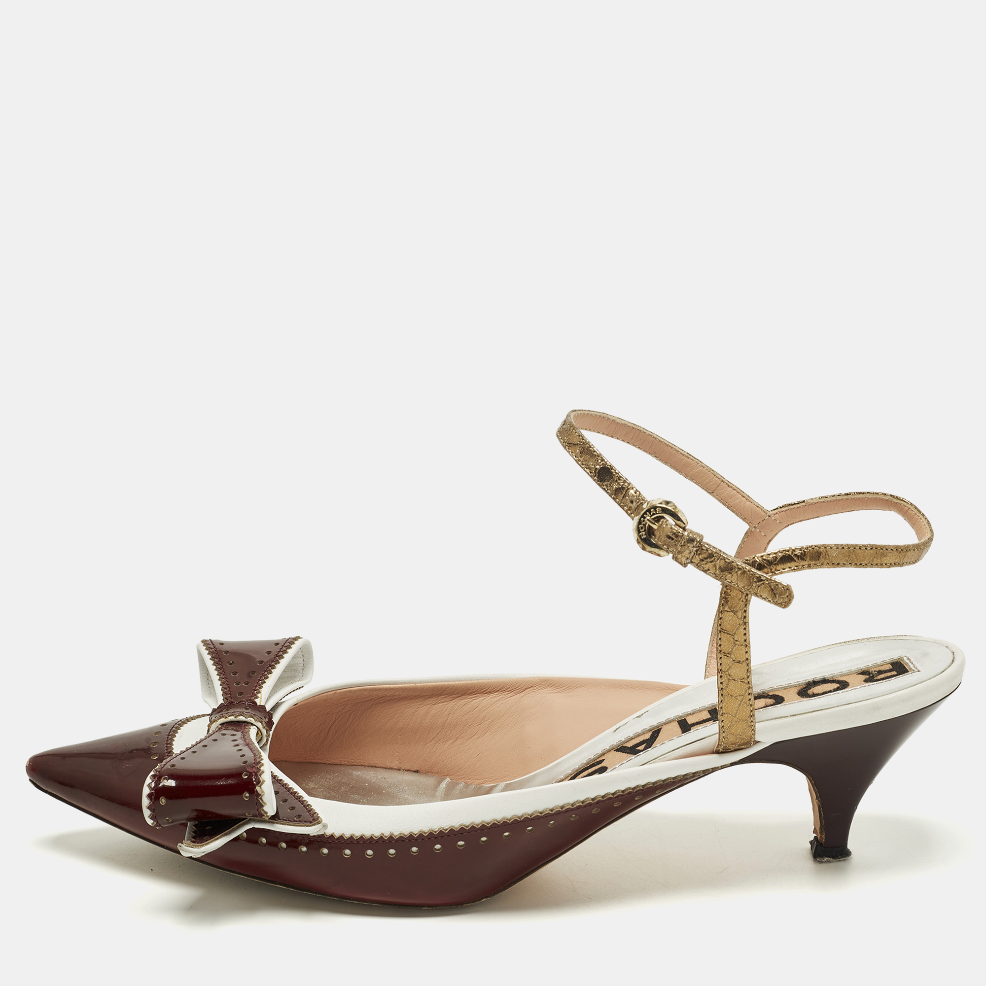 Click to view more detailed imagery on our partner's website Pre-owned Rochas Size 39.5 Burgundy/white Patent And Leather Bow Ankle Strap Pumps