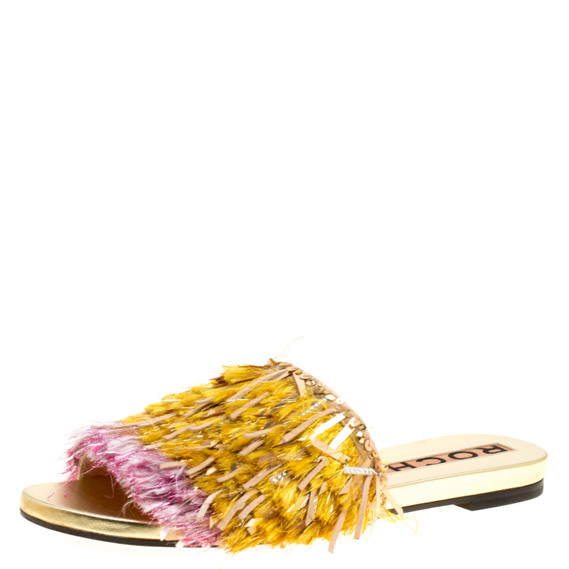Rochas Multicolor Fringe Embellished Flat Slides Size 39