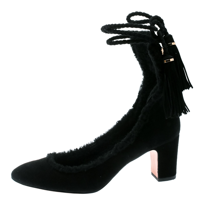 

Rochas Black Suede/Fur Tassel Tie Up Pumps Size