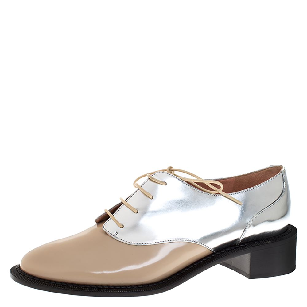 Pre Owned Rochas Nude/Metallic Silver Leather Lace Up Derby Size 38
