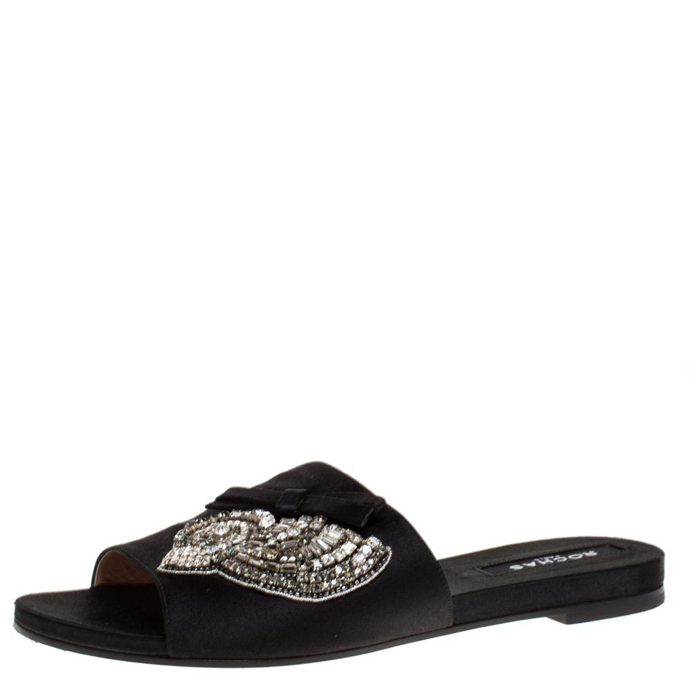 Pre-owned Rochas Black Satin Crystal And Bow Embellished Flat Mule Slides Size 39