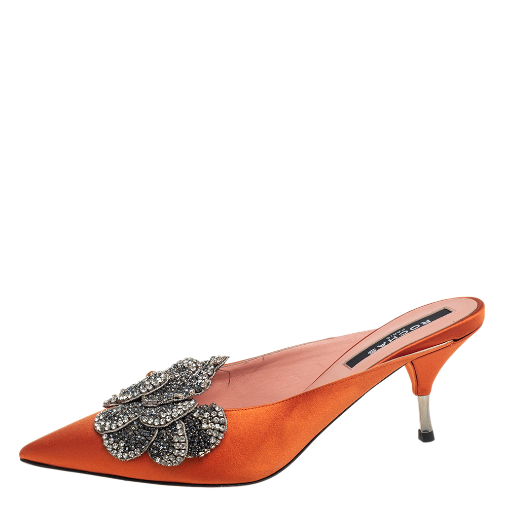 

Rochas Orange Satin Crystal Embellishment Mule Sandals Size