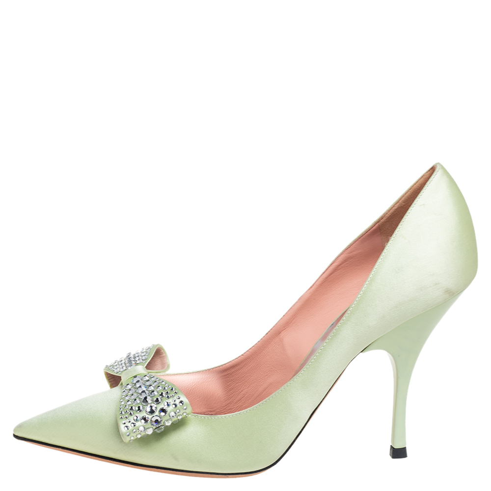 

Rochas Mint Green Satin Bow Crystals Embellished Pumps Size