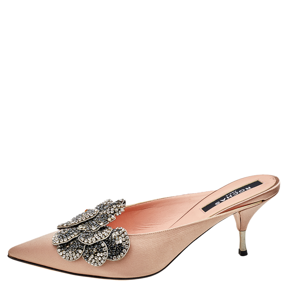 

Rochas Pink Satin Crystal Embellished Mule Sandals Size