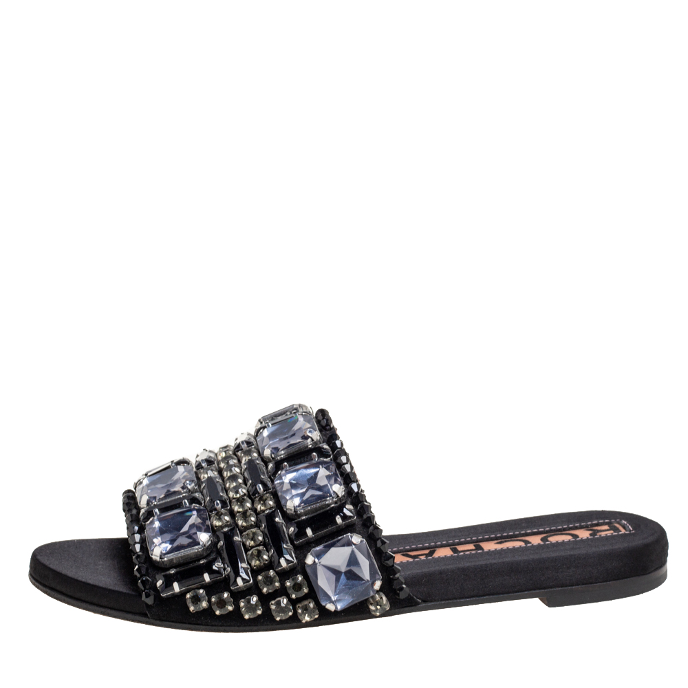 

Rochas Black Crystals Embellished Suede Flat Slides Size