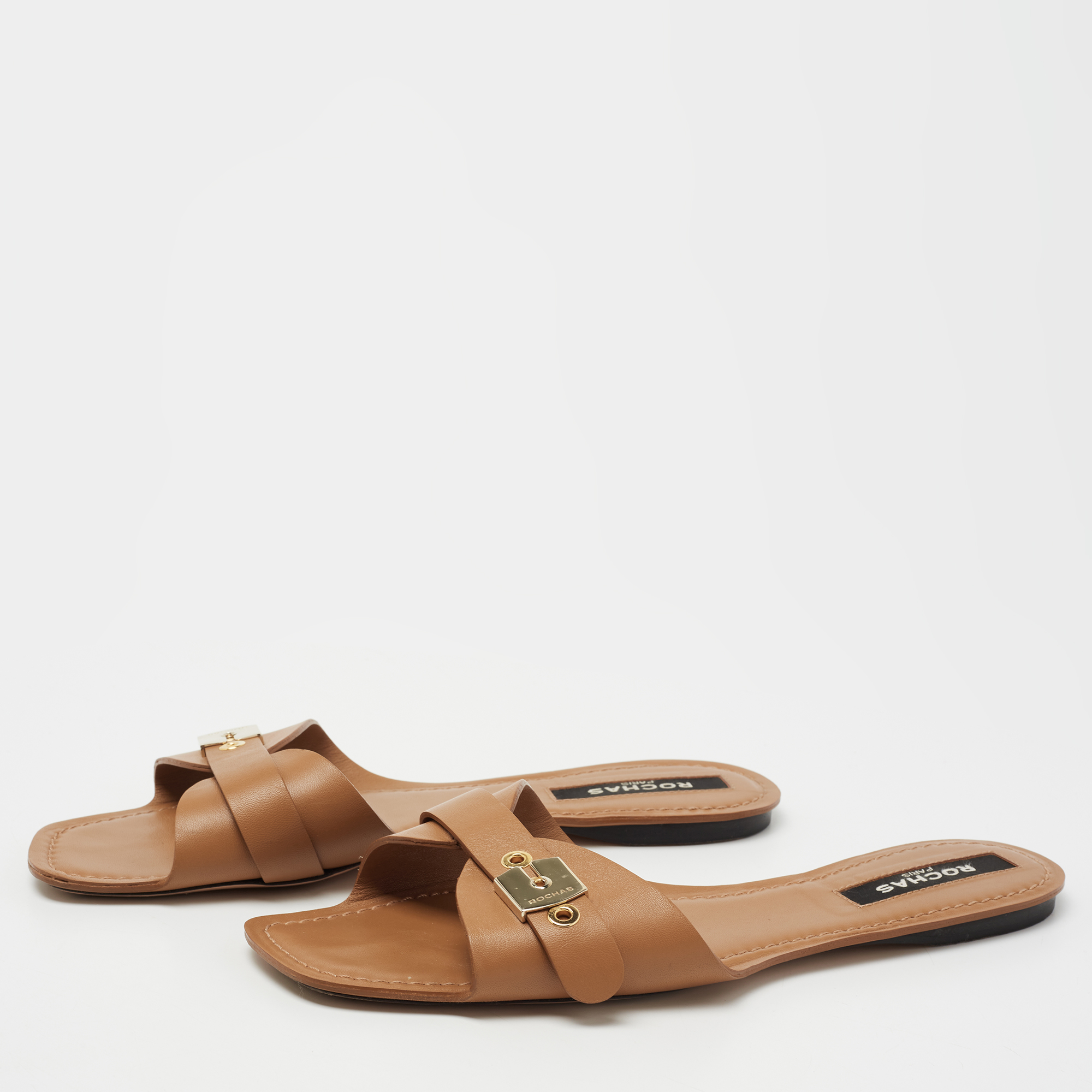 

Rochas Tan Leather Flat Slides Size