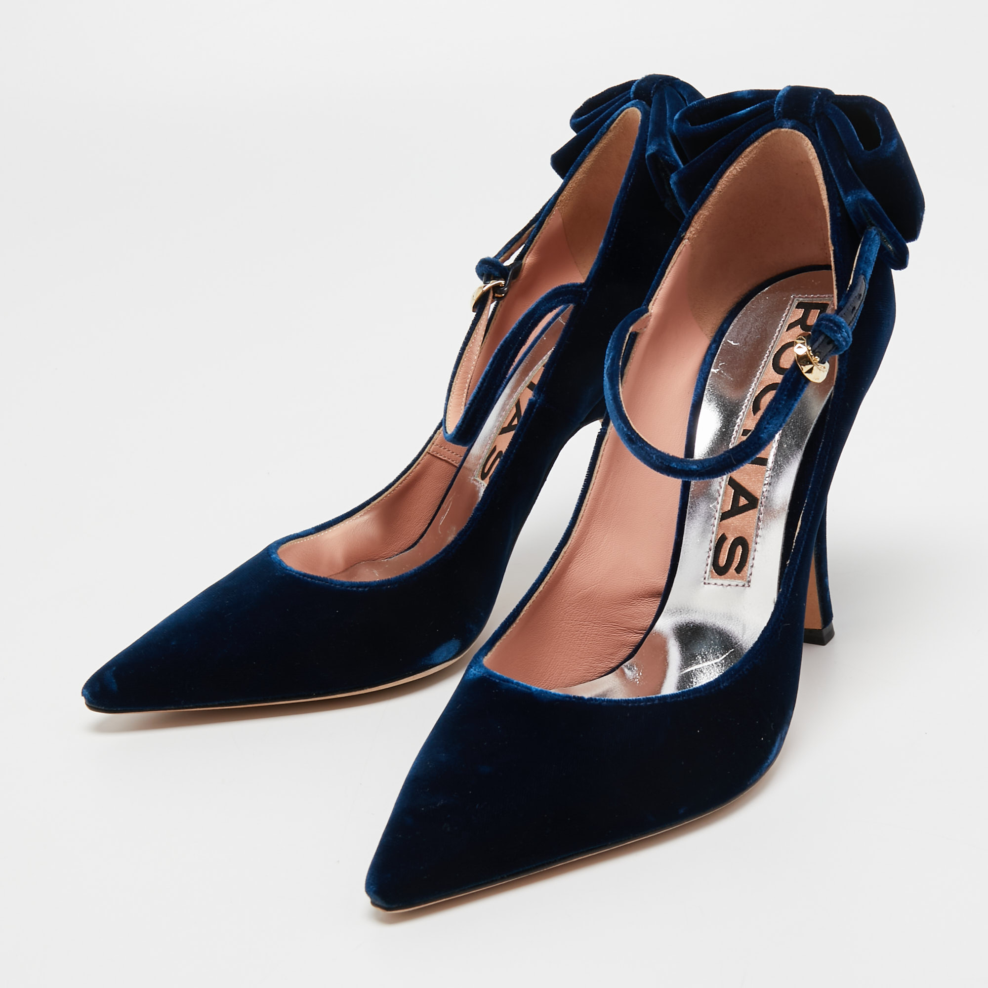 

Rochas Navy Blue Velvet Bow Ankle Strap Pointed Toe Pumps Size