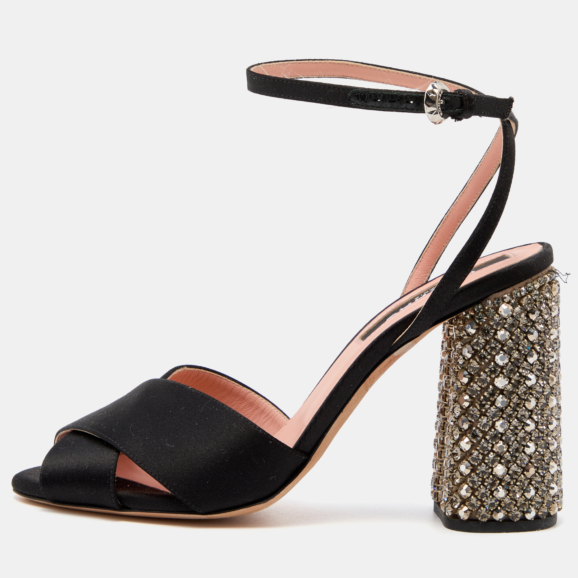 Pre-owned Rochas Black Satin Cross Strap Crystal Embellished Block