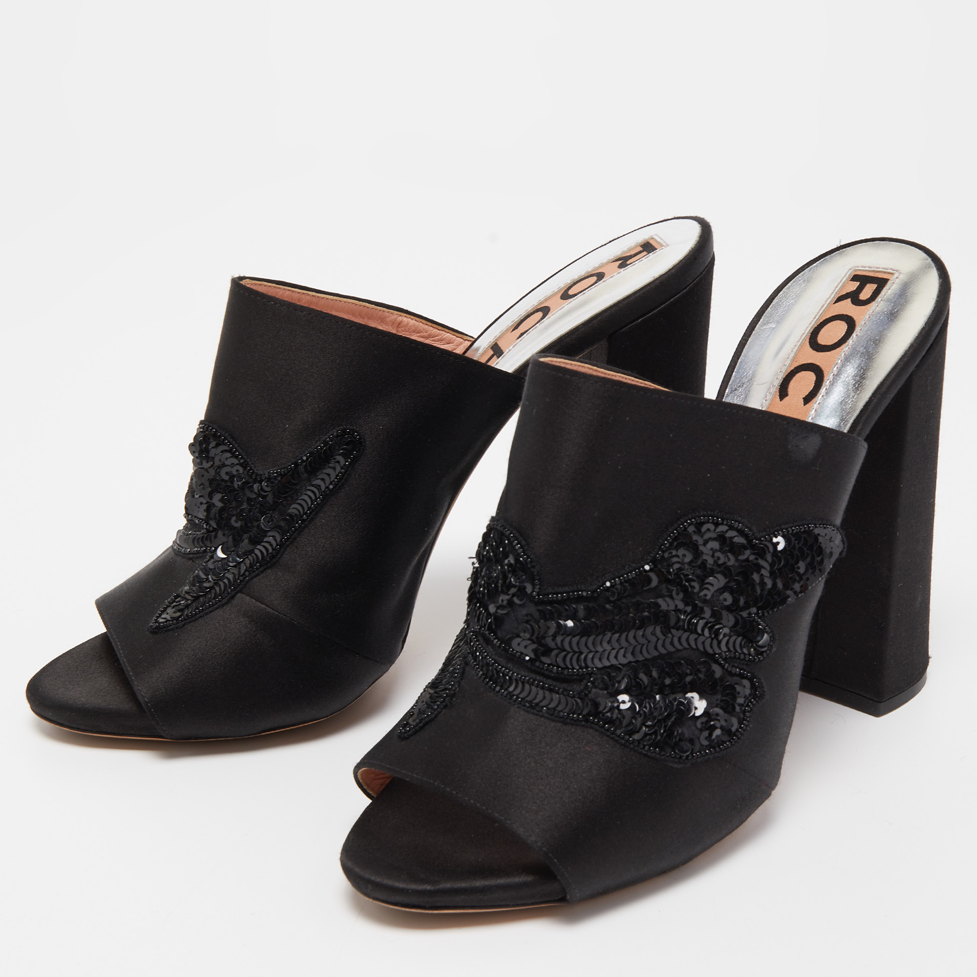 

Rochas Black Satin Crystals Embellished Slide Sandals Size