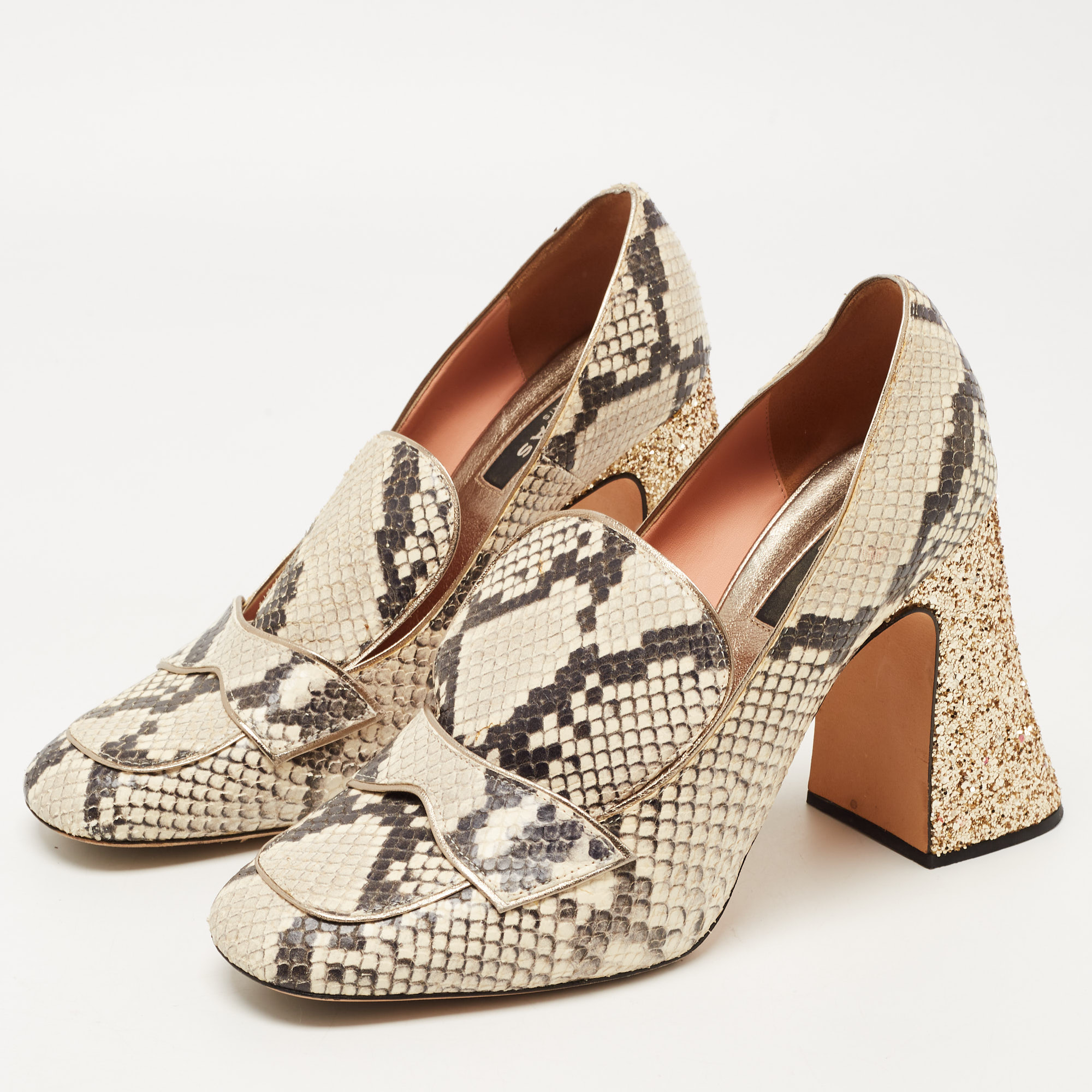 

Rochas Beige/Brown Python Embossed Leather Glitter Heel Square Toe Pumps Size