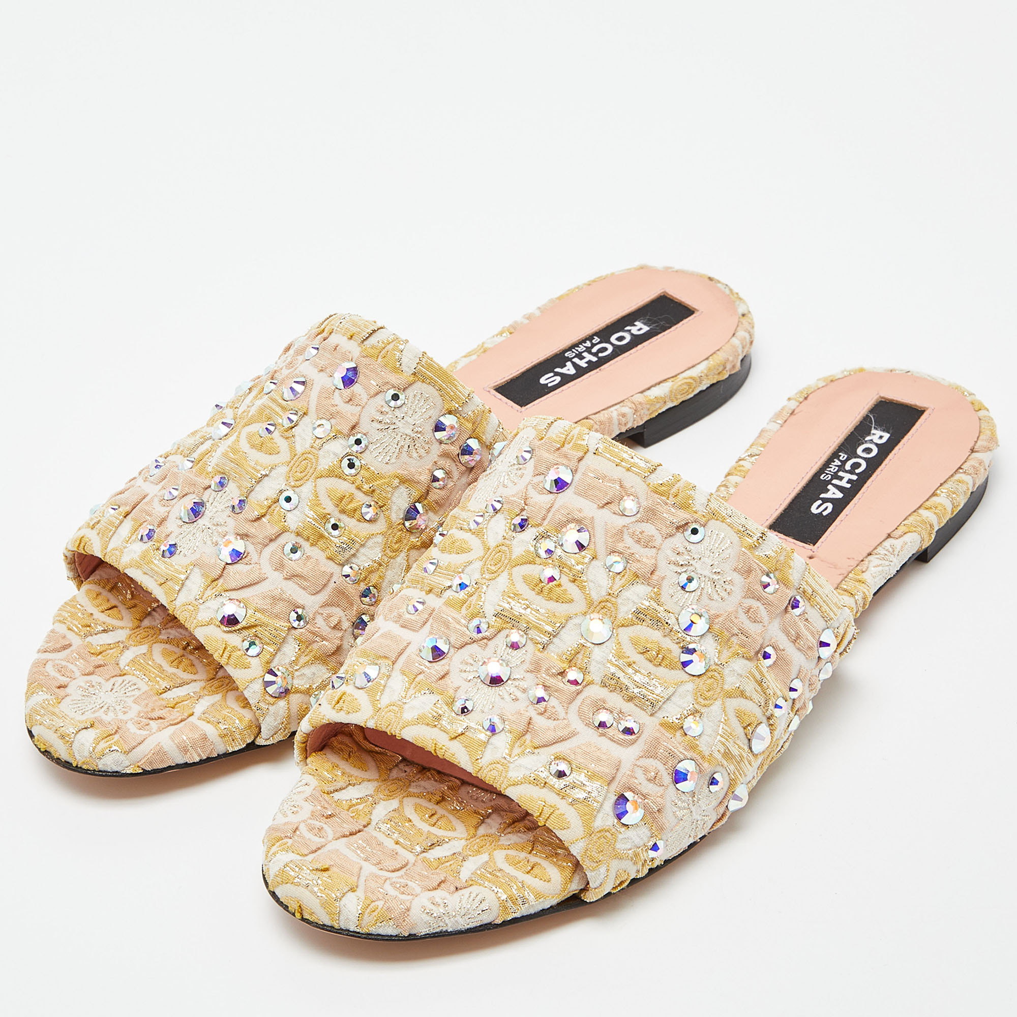 

Rochas Tricolor Fabric Crystal Embellished Flat Slides Size, Beige