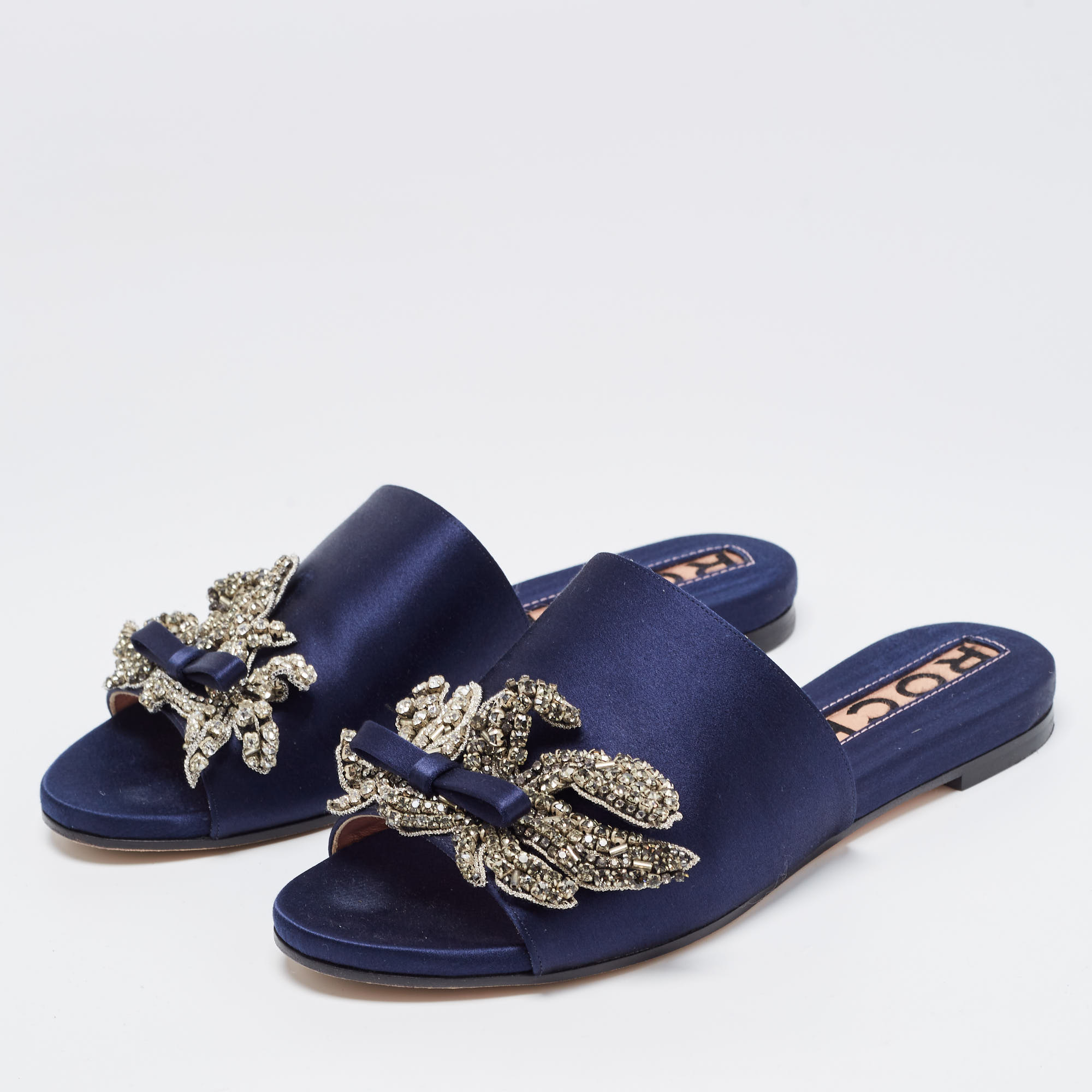 

Rochas Navy Blue Satin Crystal Embellished Bow Slide Flats Size