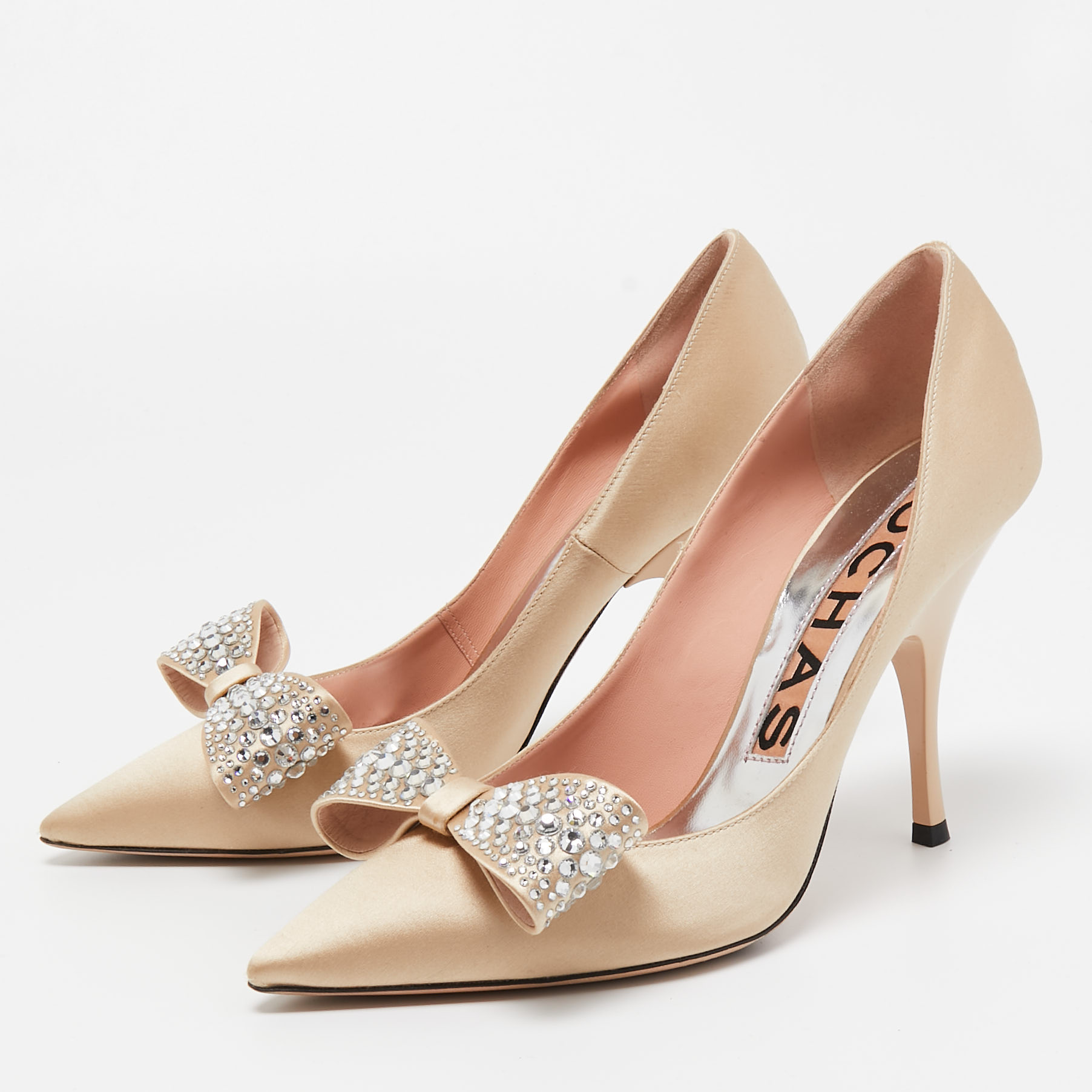

Rochas Beige Satin Bow Crystal Embellished Pointed Toe Pumps Size