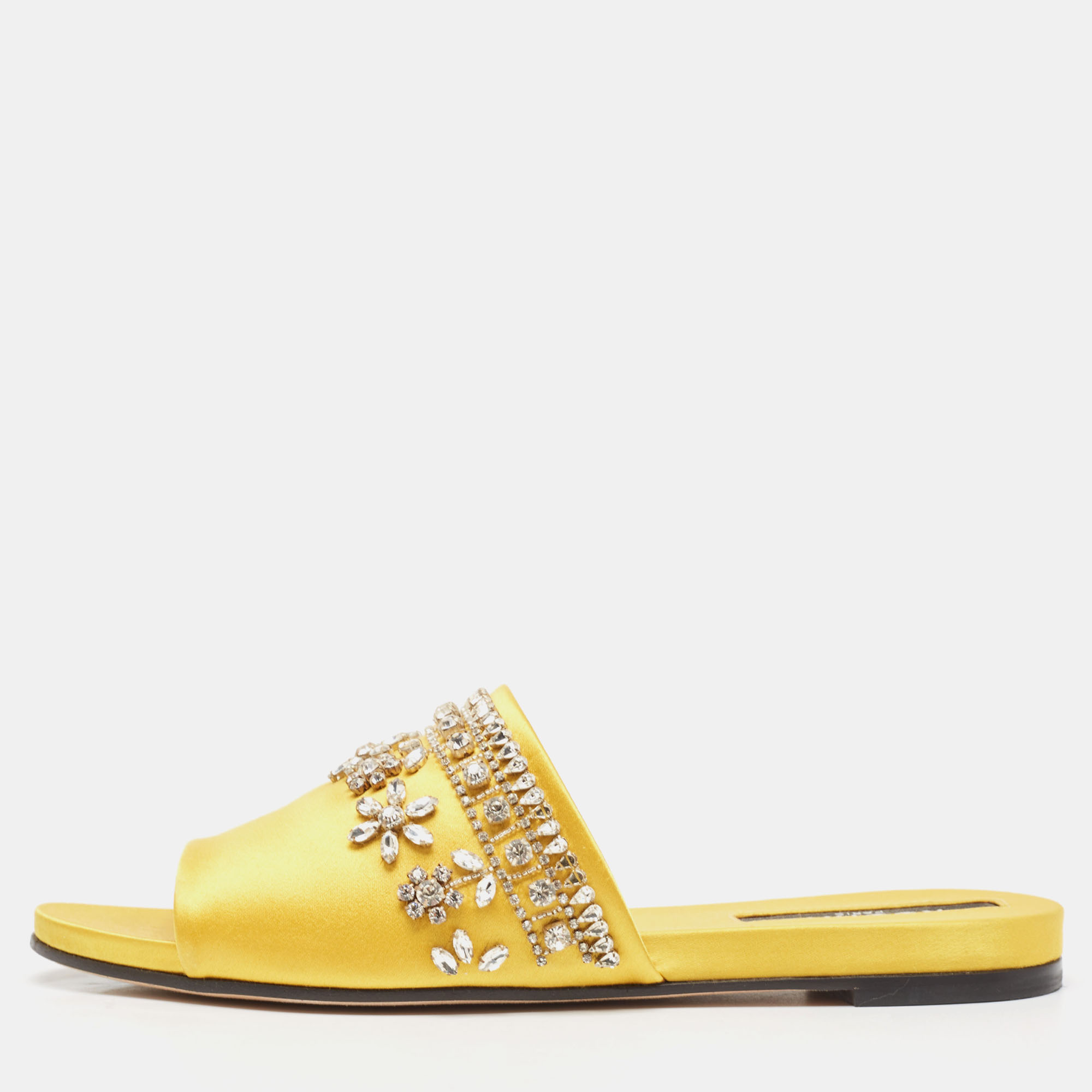 Pre-owned Rochas Yellow Satin Crystal Embellished Flat Slides Size 38