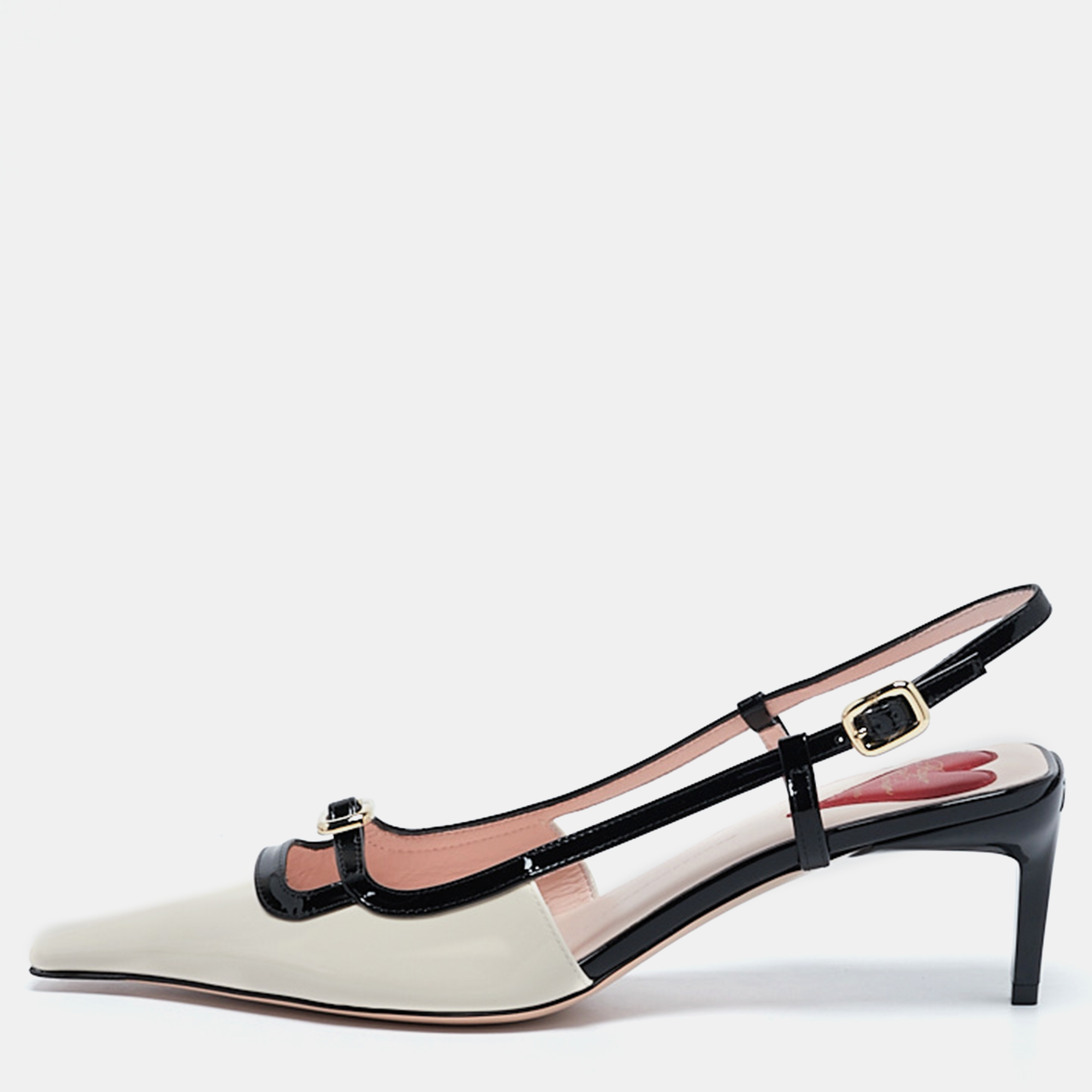 

Roger Vivier Cream/Black Patent Leather Mini Buckle Slingback Pumps Size