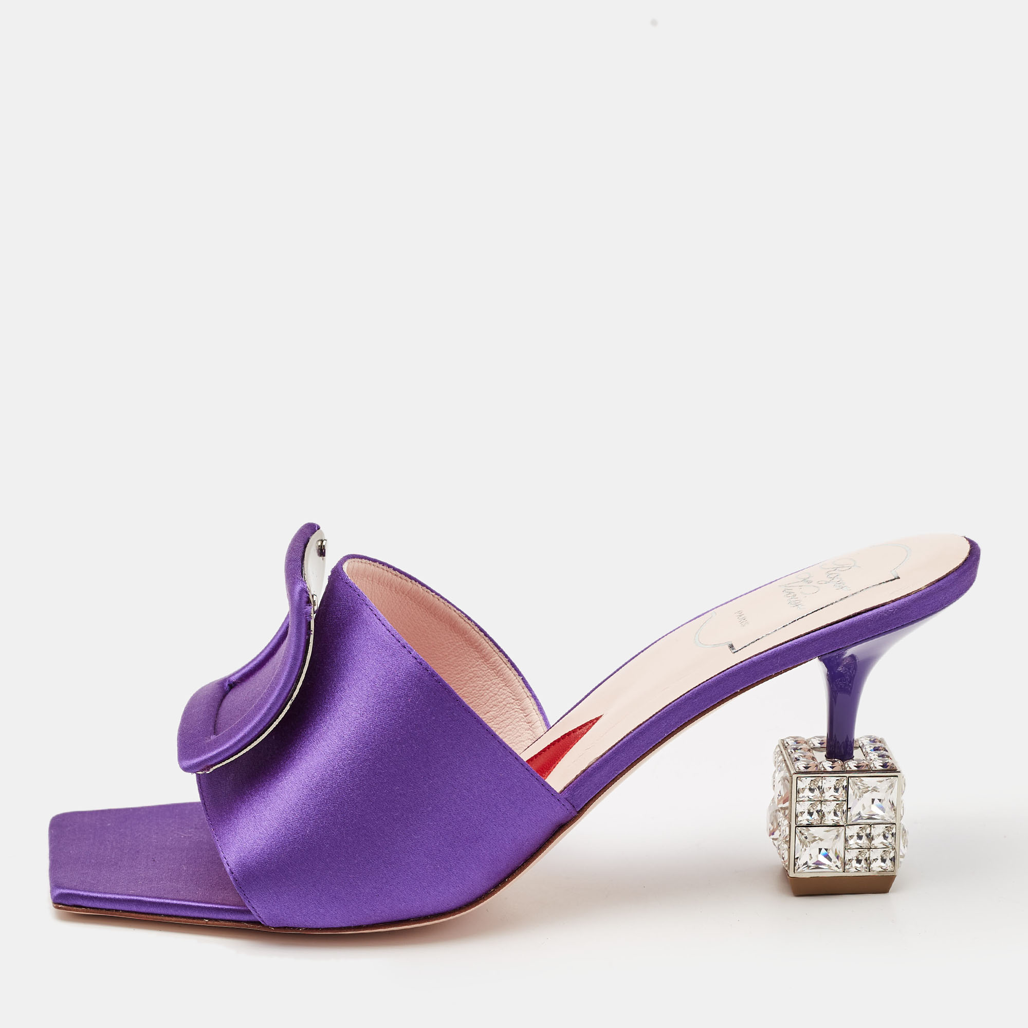 

Roger Vivier Purple Satin Cube Crystal Heel Mules Size