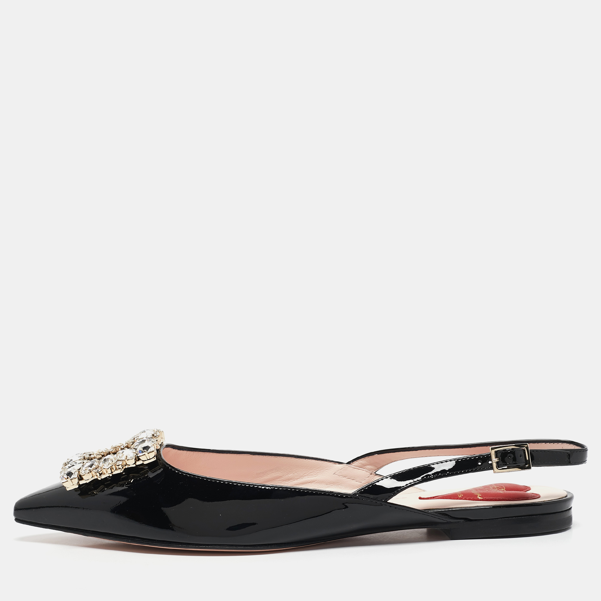 

Roger Vivier Black Patent Leather Strass Buckle Slingback Flats Size