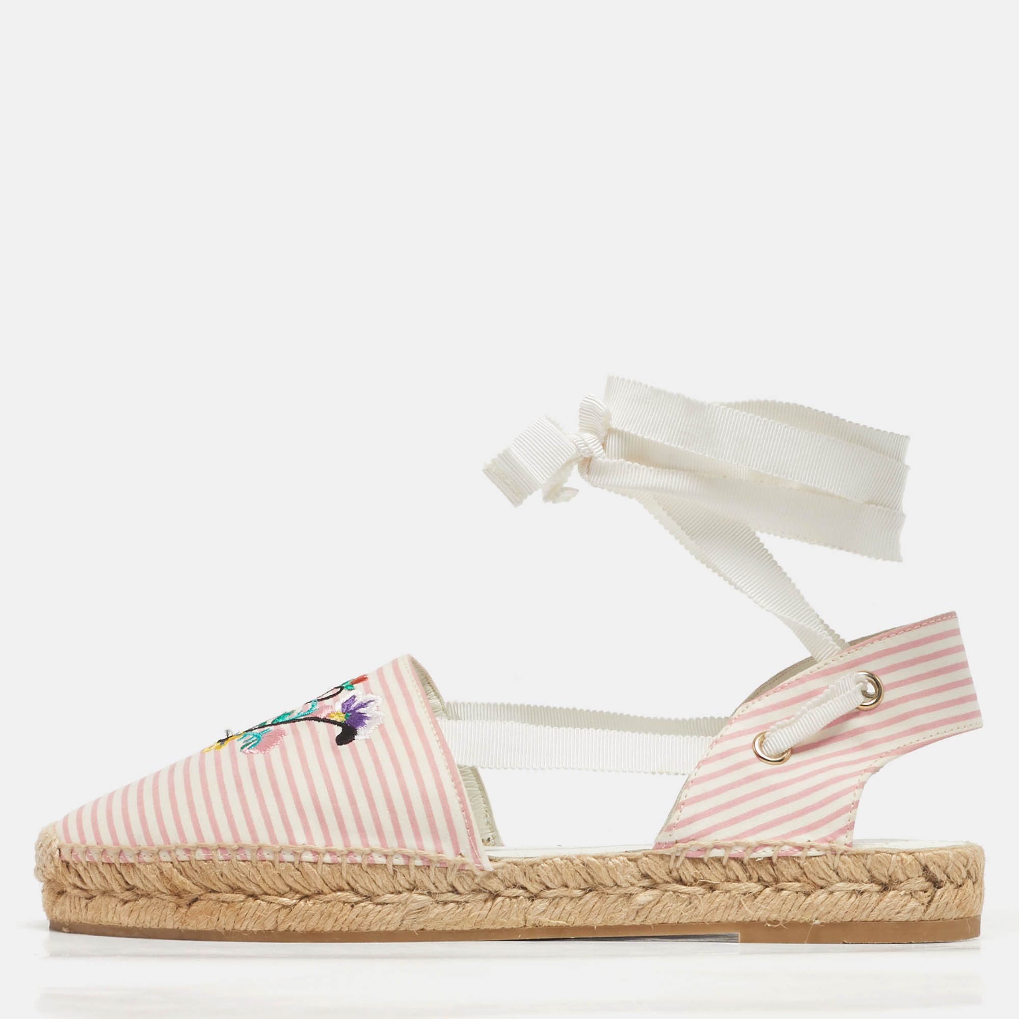 Pre-owned Roger Vivier Pink/white Stripe Fabric Ankle Wrap Espadrille Flats Size 40