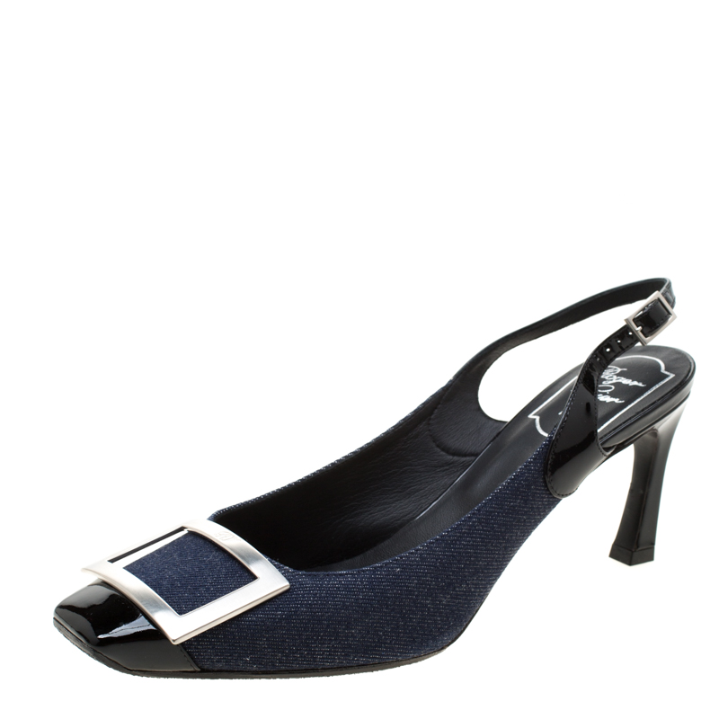 Roger Vivier Blue Denim And Black Leather Trompette Slingback Sandals Size 38