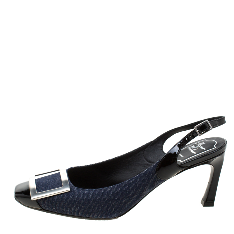 

Roger Vivier Blue Denim And Black Leather Trompette Slingback Sandals Size