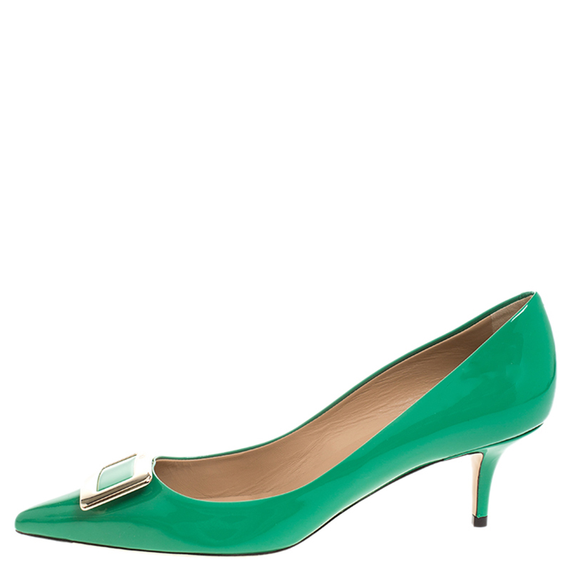 

Roger Vivier Green Patent Leather Metal Logo Pointed Toe Pumps Size