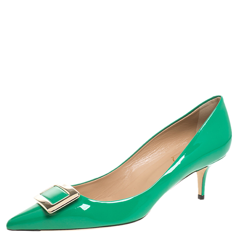 Pre Owned Roger Vivier Green Patent Leather Metal Logo Pointed Toe Pumps Size 38