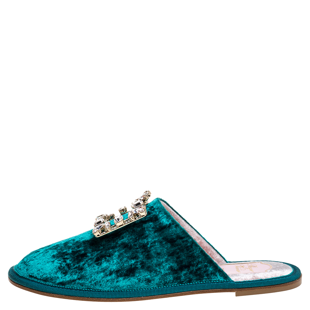 

Roger Vivier Green Velvet Hotel Vivier Crystal-Embellished Flat Slippers Size