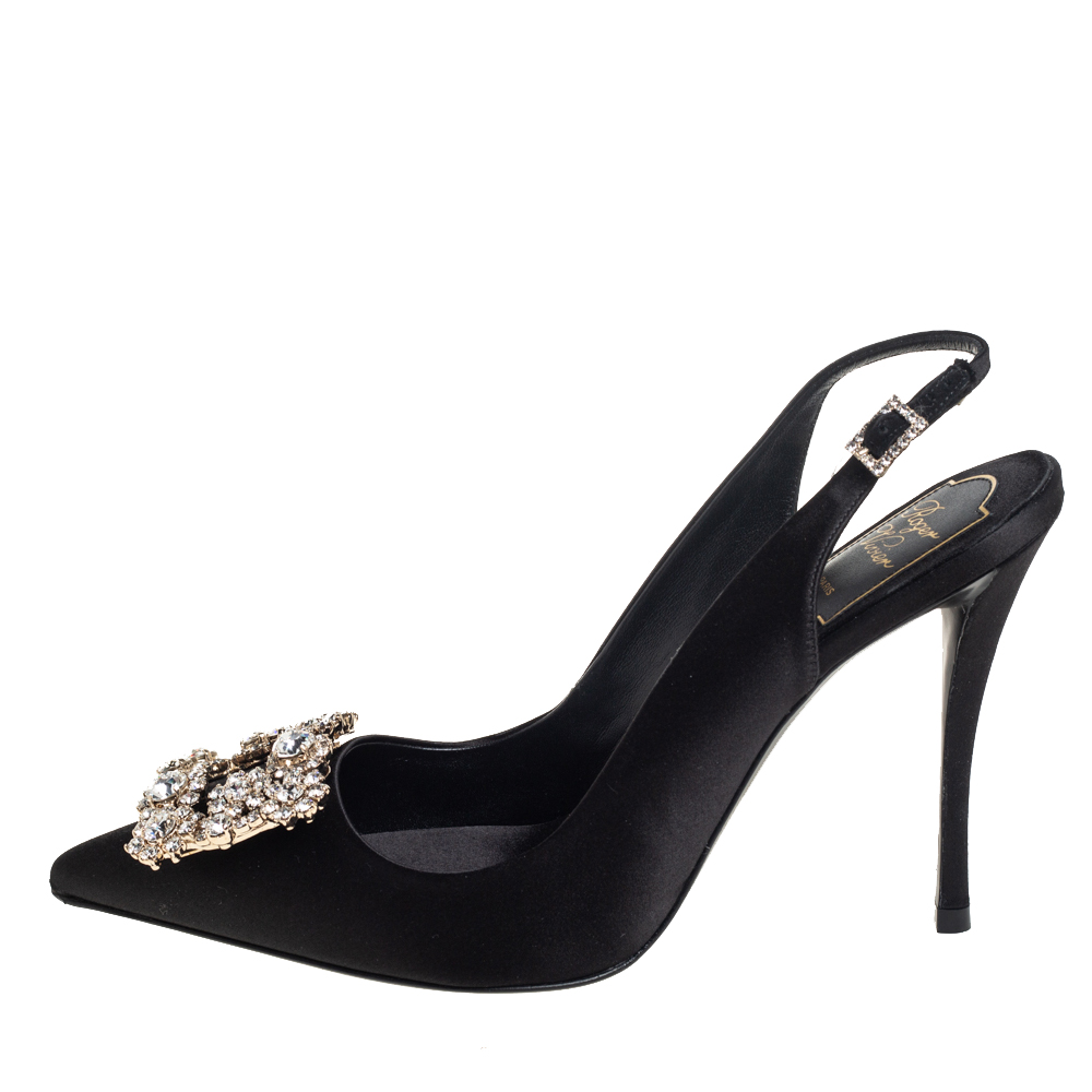 

Roger Vivier Black Satin Crystal-Embellished Slingback Pumps Size