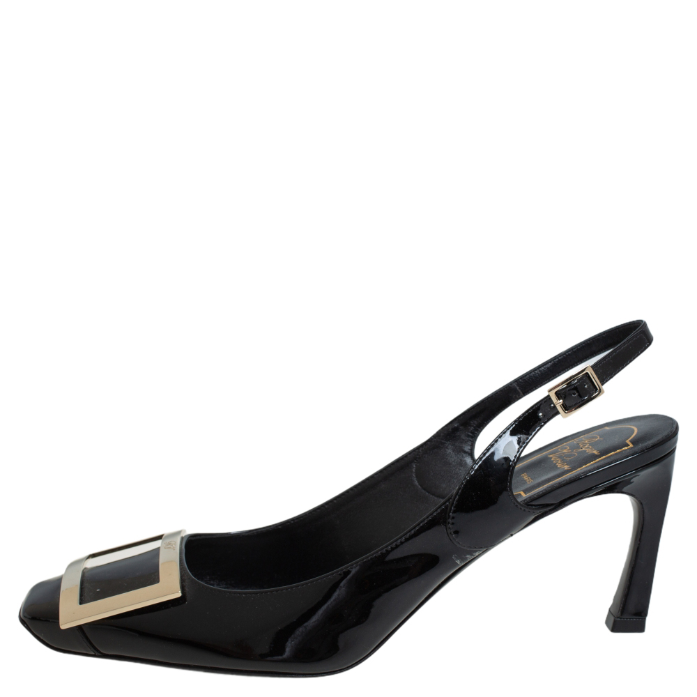 

Roger Vivier Black Patent Leather Trompette Slingback Sandals Size