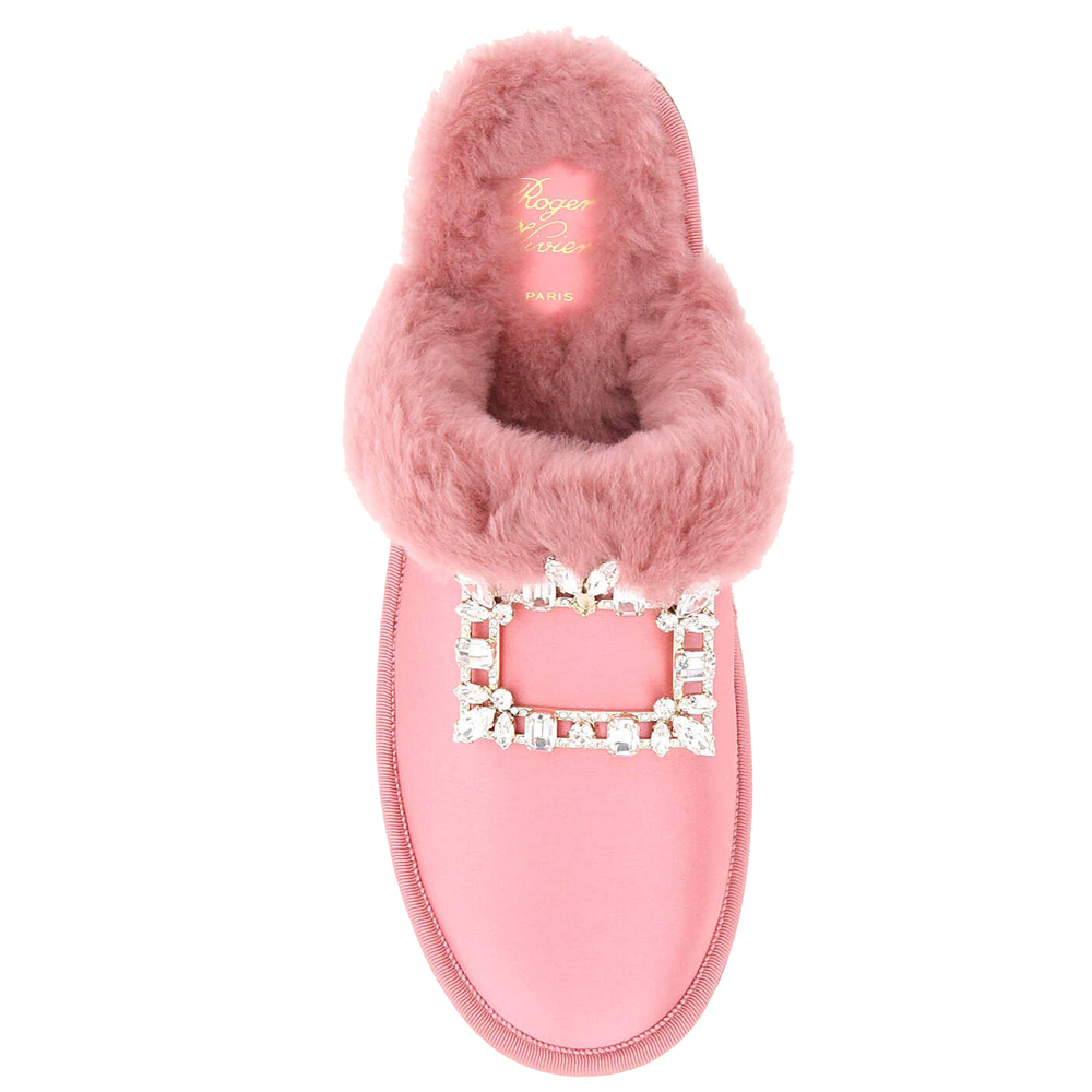 

Roger Vivier Pink Shearling Trim Hotel Vivier Broche Vivier Buckle Mules Size IT