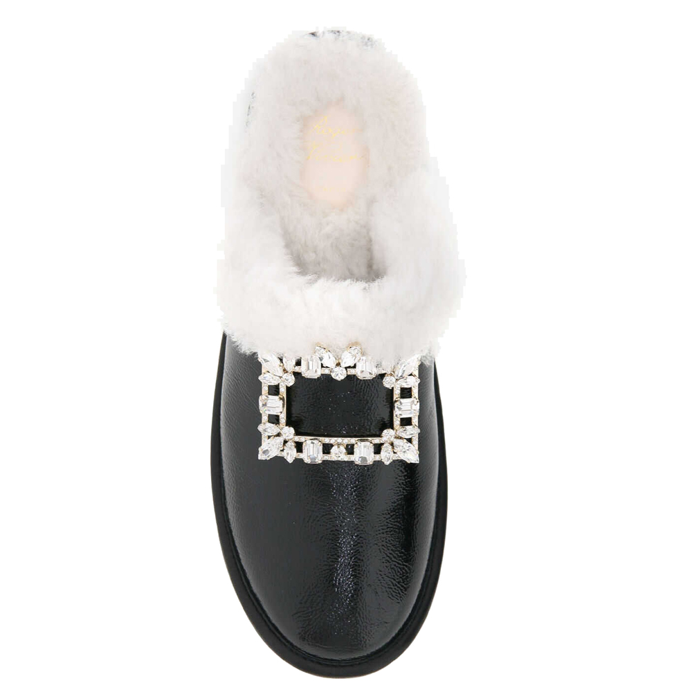 

Roger Vivier Black Patent Leather Shearling Trim Hotel Vivier Broche Vivier Buckle Mules Size IT