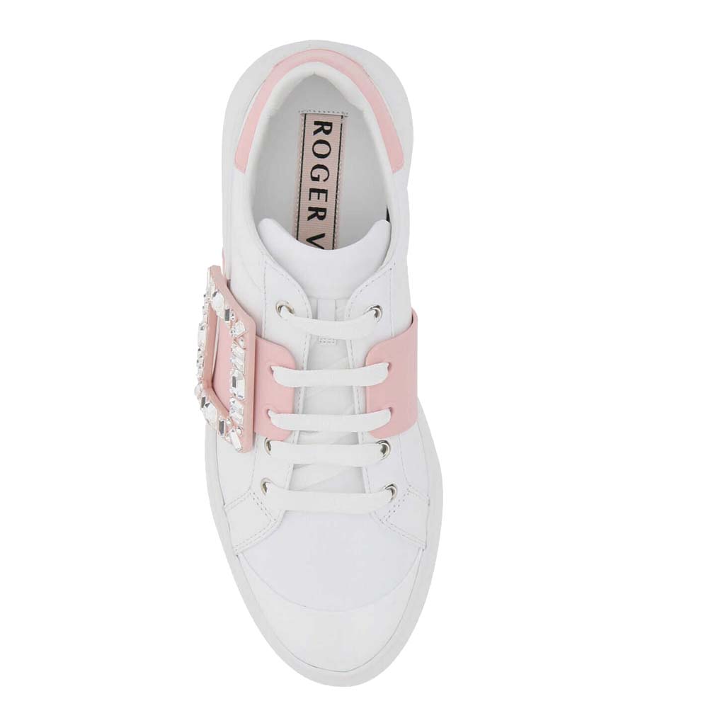 

Roger Vivier White/Pink Soft Leather Viv' Skate Strass Buckle Sneakers Size IT