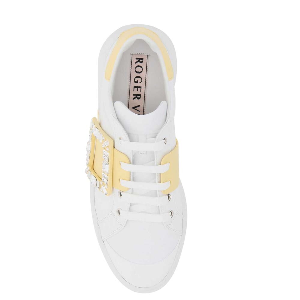 

Roger Vivier White/Yellow Soft Leather Viv' Skate Strass Buckle Sneakers Size IT