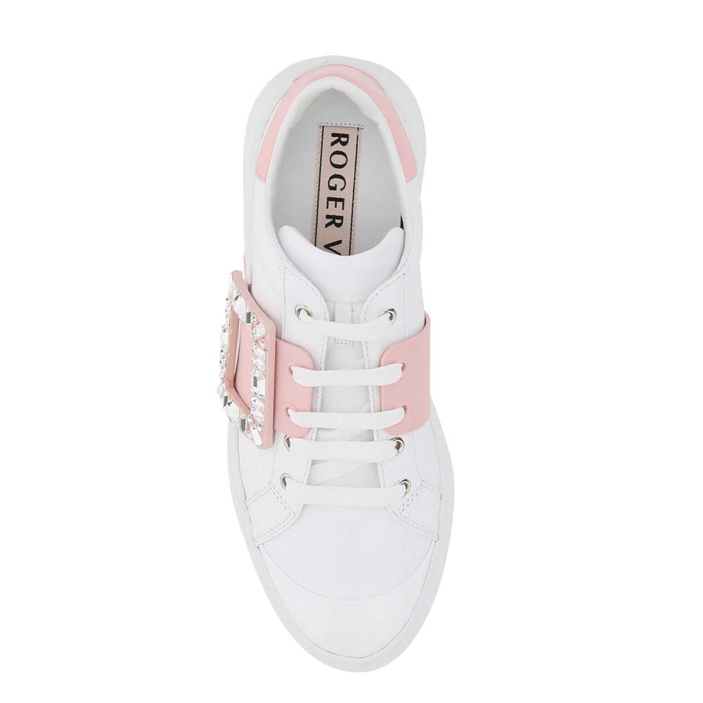 

Roger Vivier White/Pink Soft Leather Viv' Skate Strass Buckle Sneakers Size IT