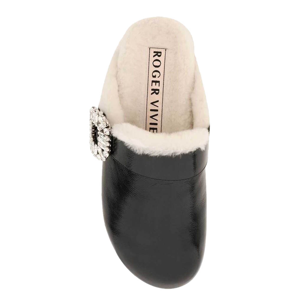 

Roger Vivier Black Leather Slidy Viv' Shearling Strass Buckle Closed Toe Mules Size IT