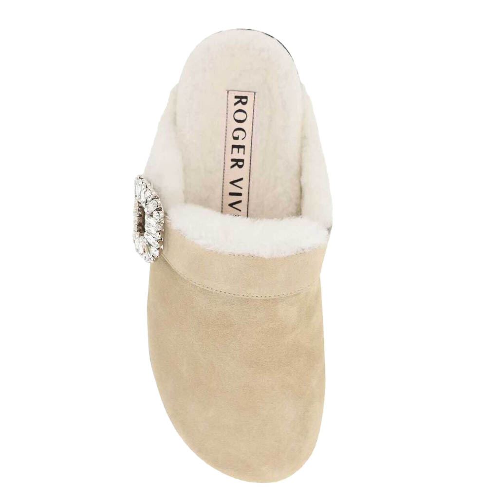 

Roger Vivier Beige Leather Slidy Viv' Shearling Strass Buckle Closed Toe Mules Size IT