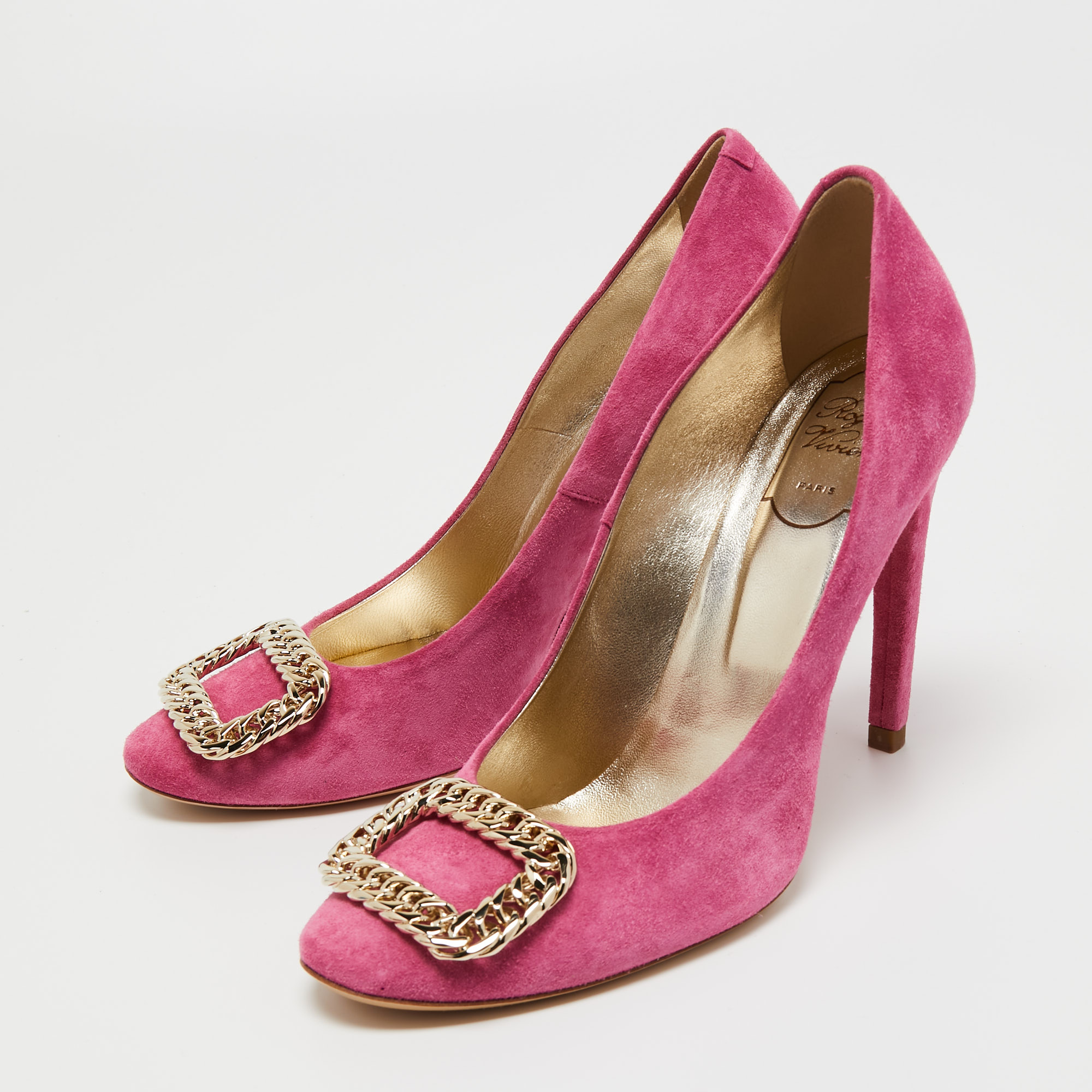 

Roger Vivier Pink Suede Chain Detail Round Toe Pumps Size