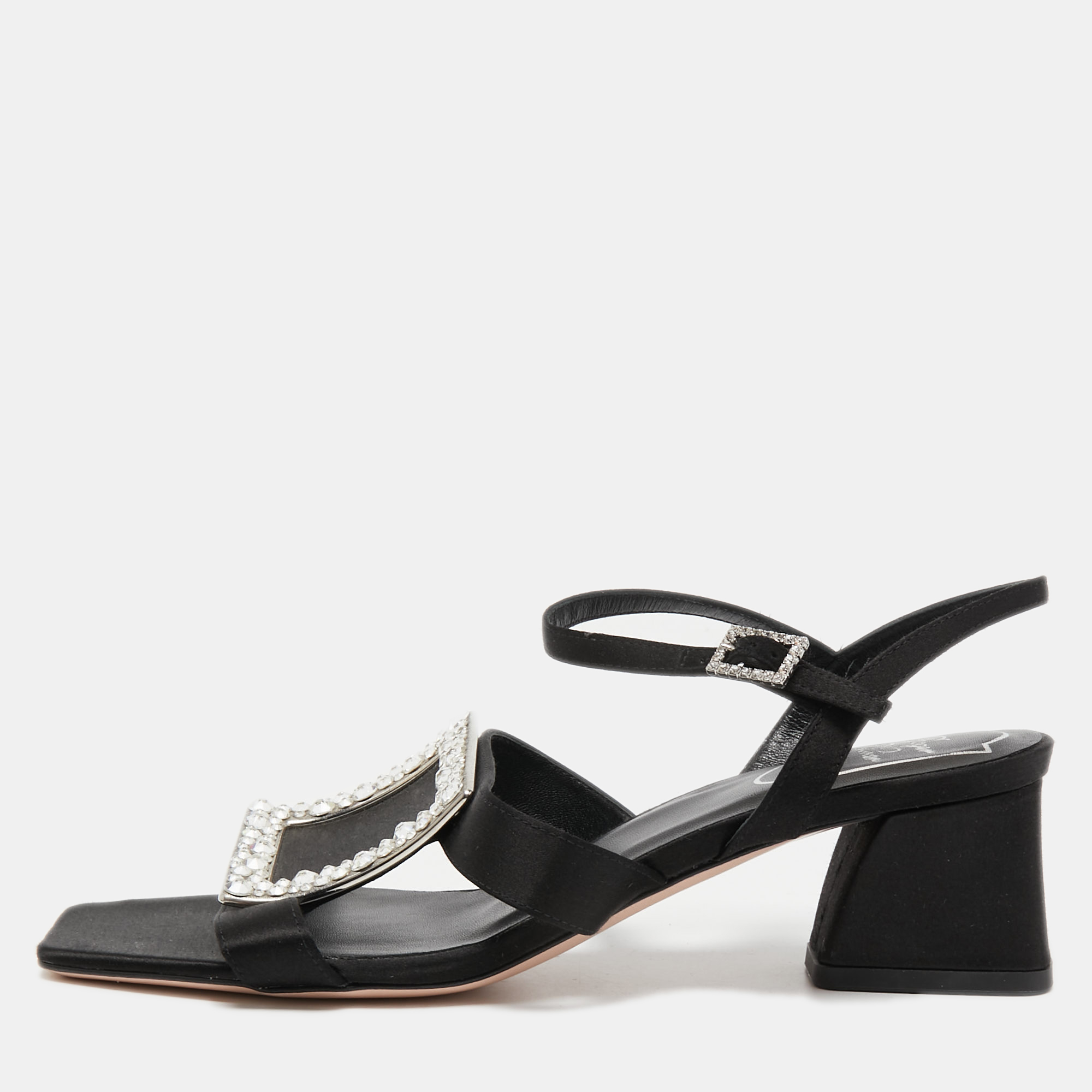 Pre Owned Roger Vivier Black Satin Crystal Embellished Ankle Strap Sandals Size 36