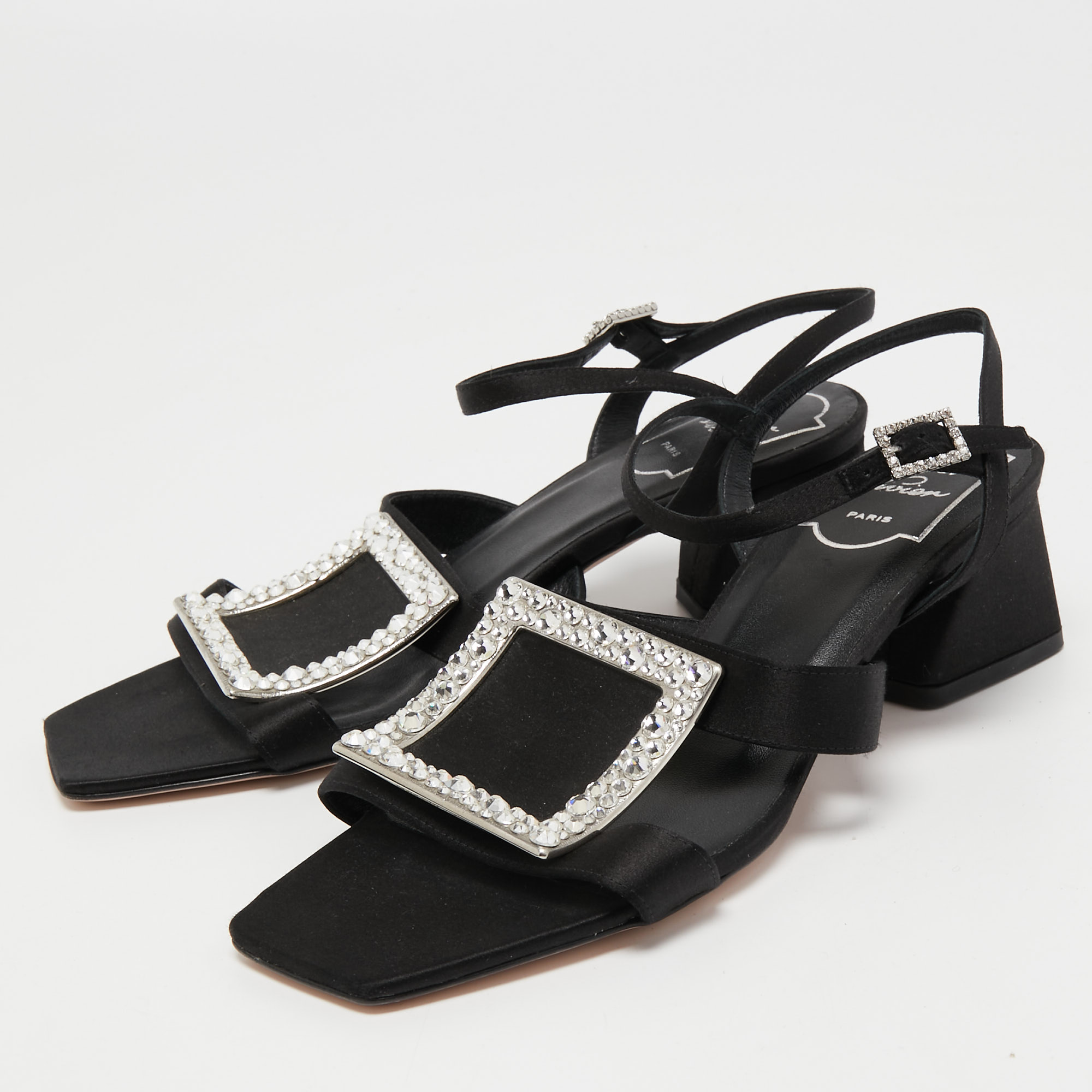 

Roger Vivier Black Satin Crystal Embellished Ankle Strap Sandals Size