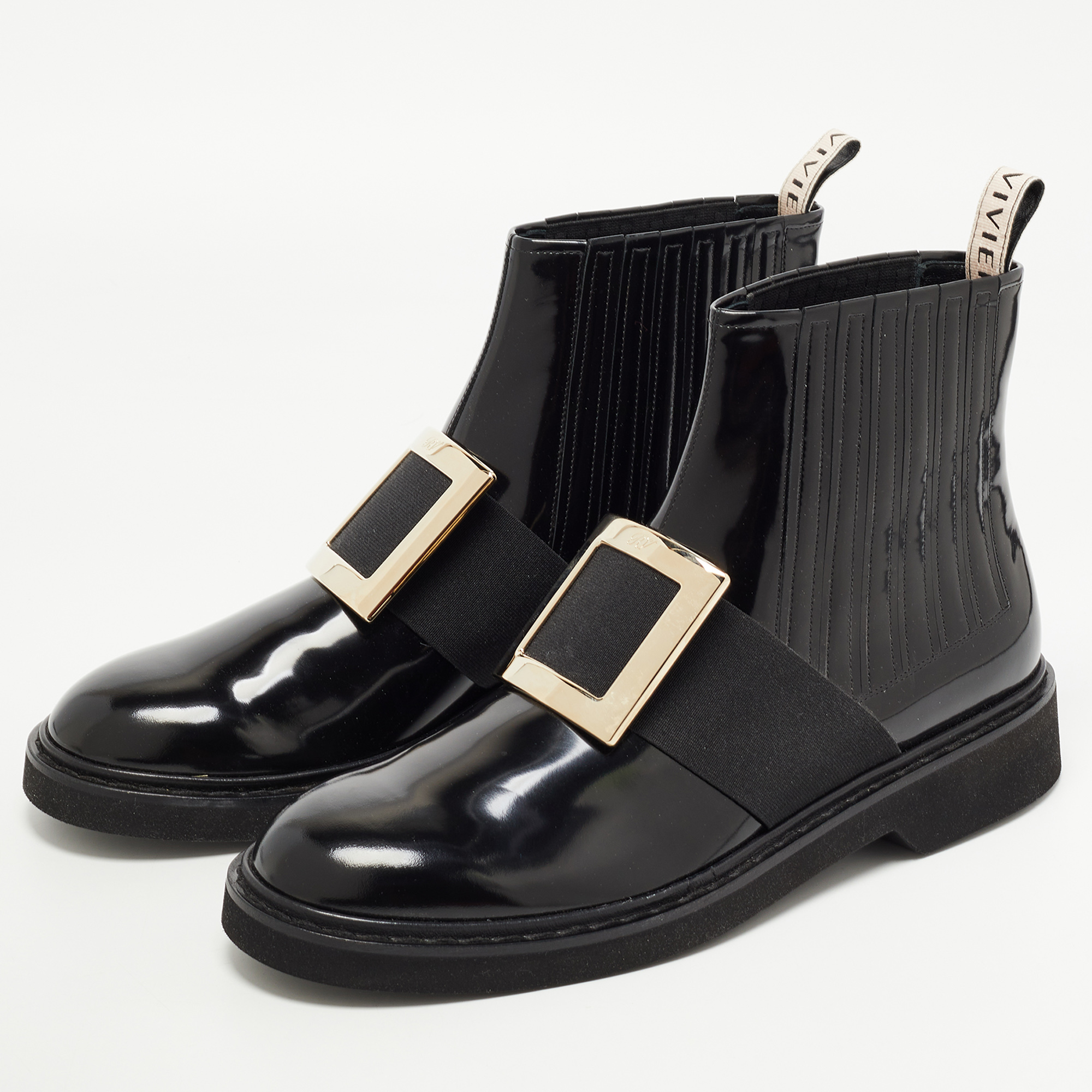 

Roger Vivier Black Patent Leather Viv' Rangers Metal Buckle Chelsea Boots Size
