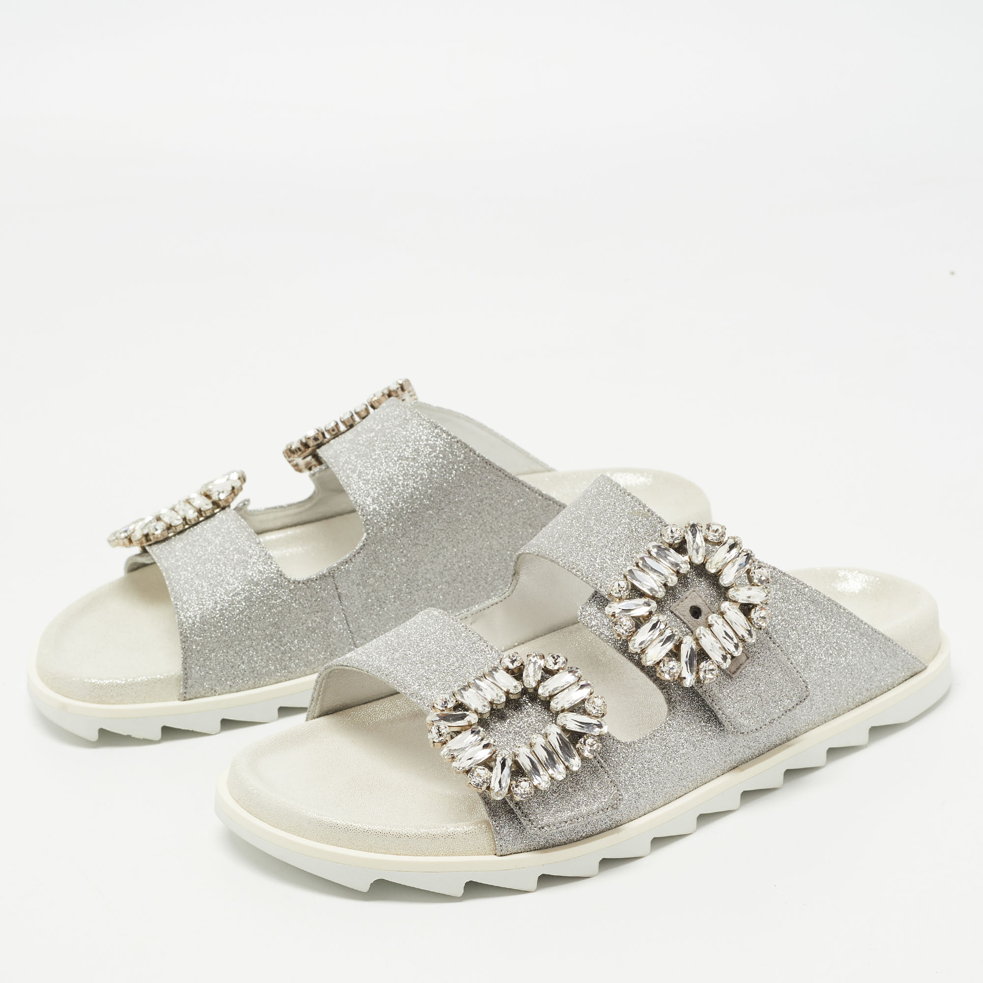 

Roger Vivier Silver Glitter Slidy Viv Slides Size