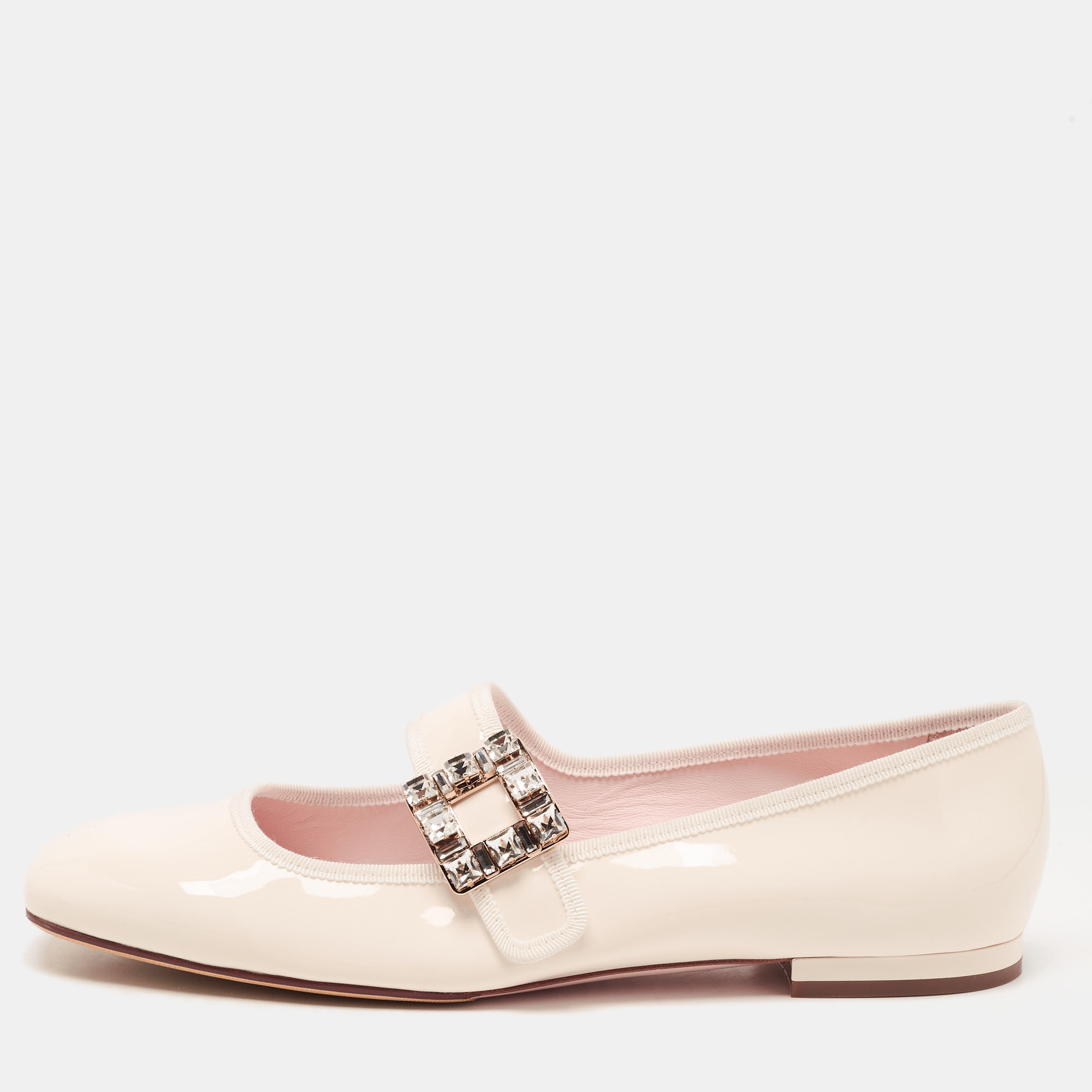 Roger Vivier Cream Patent Viv Crystal Embellished Buckle Mary Jane Ballet Flats Size 41.5