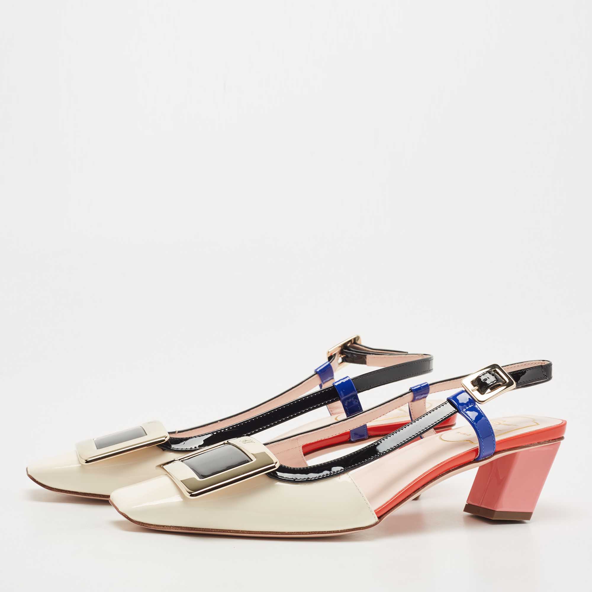 

Roger Vivier Multicolor Patent Leather Buckle Details Slingback Pumps Size