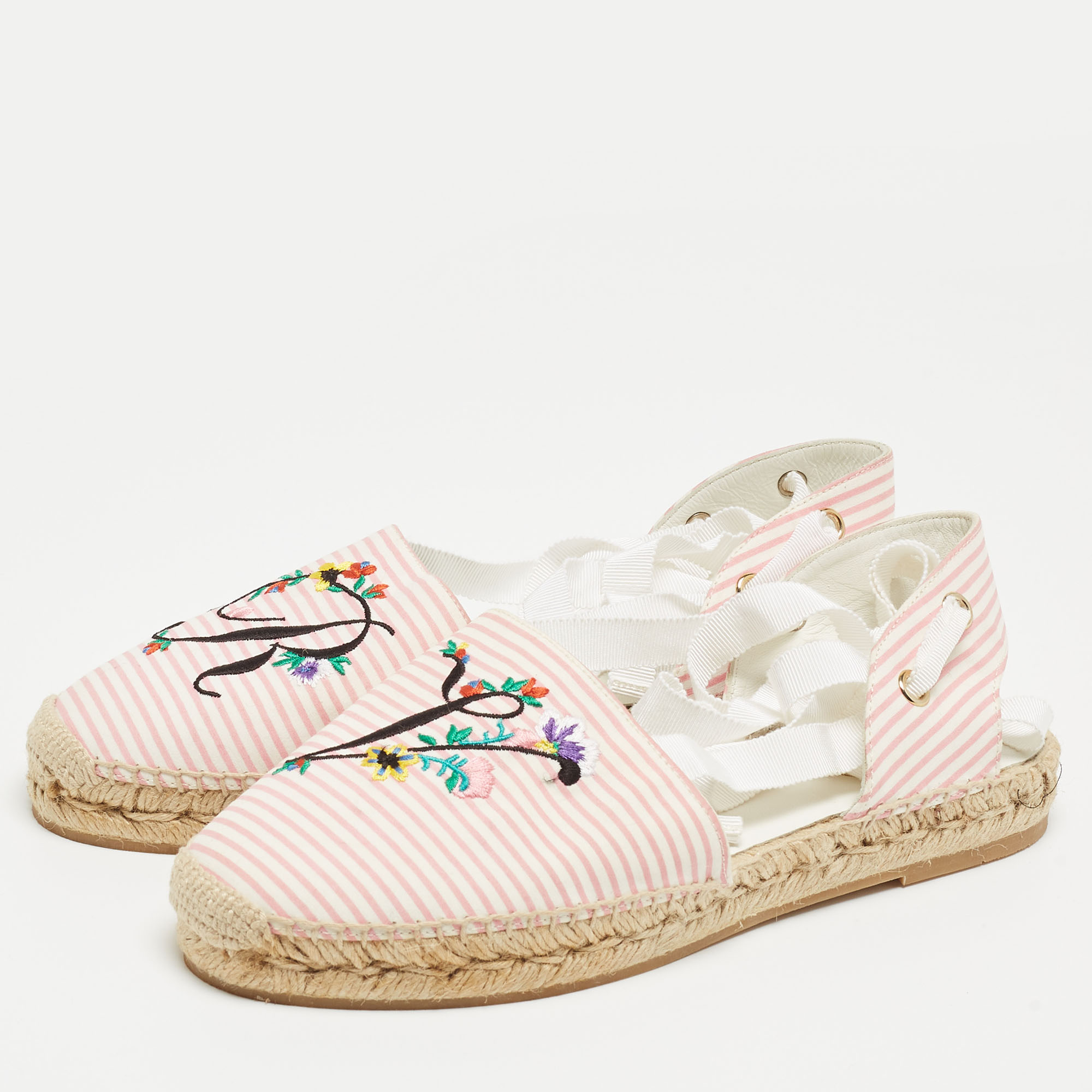 

Roger Vivier Pink/White Striped Fabric Floral Embroidered Ankle Tie Espadrille Flats Size