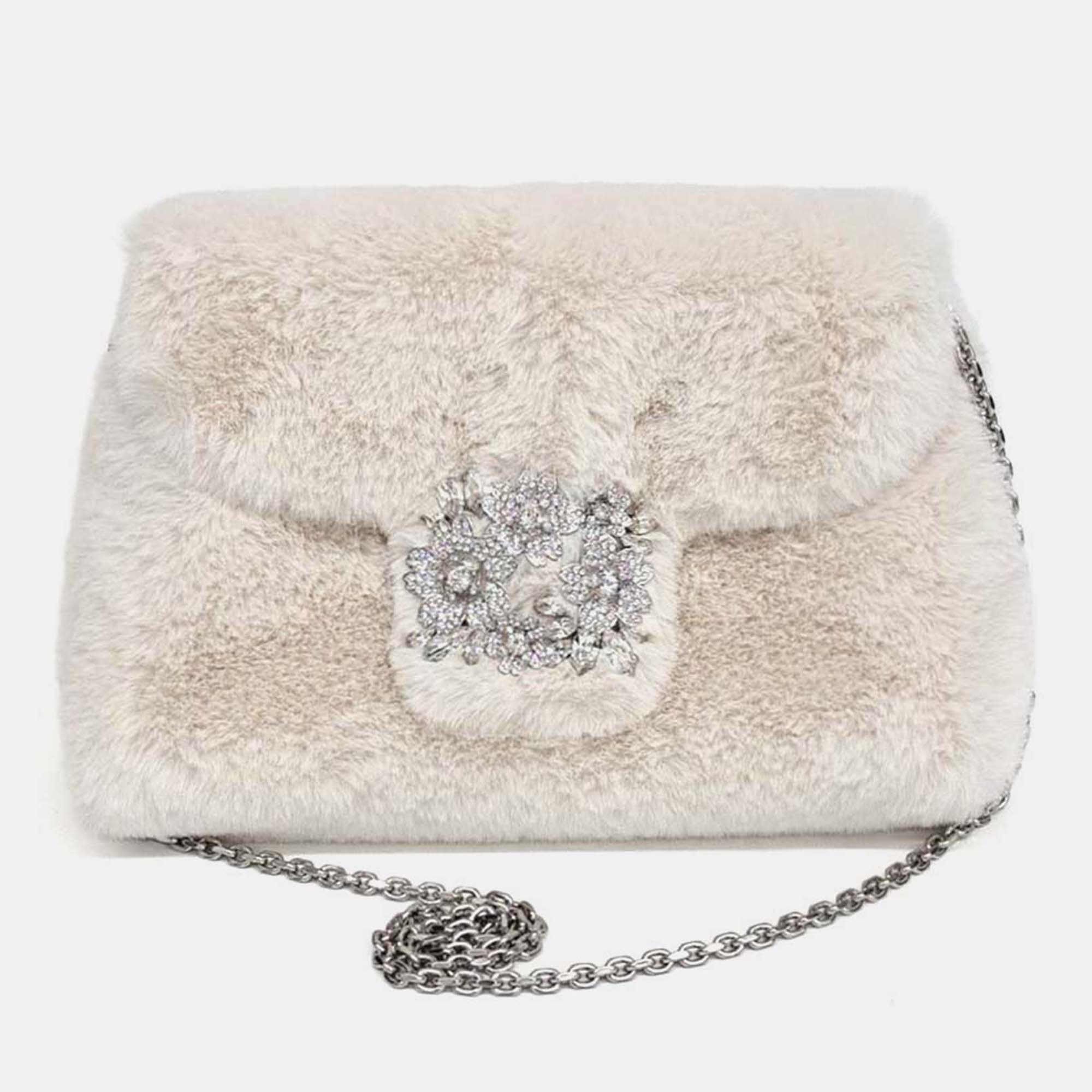 Pre-owned Roger Vivier Beige Fur Chain Shoulder Bag In Sand