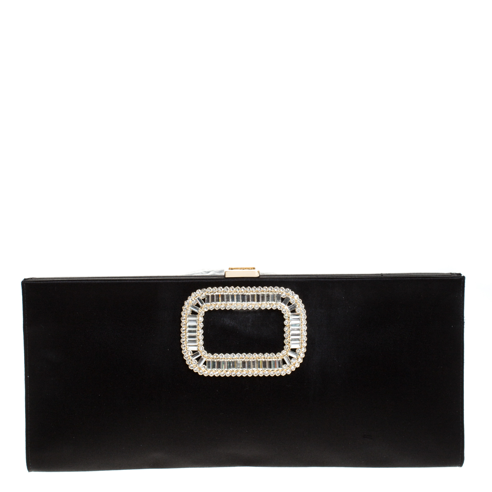 Pre Owned Roger Vivier Black Crystal Embellished Satin Pilgrim Clutch