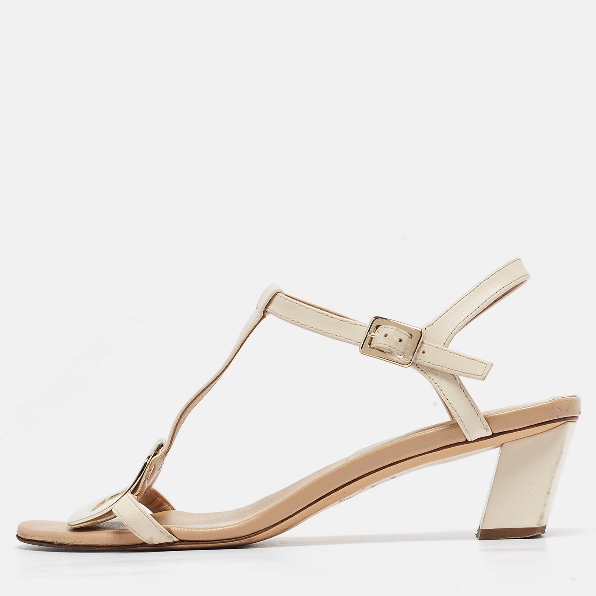 

Roger Vivier Beige/Off White Leather Chips T Strap Sandals Size