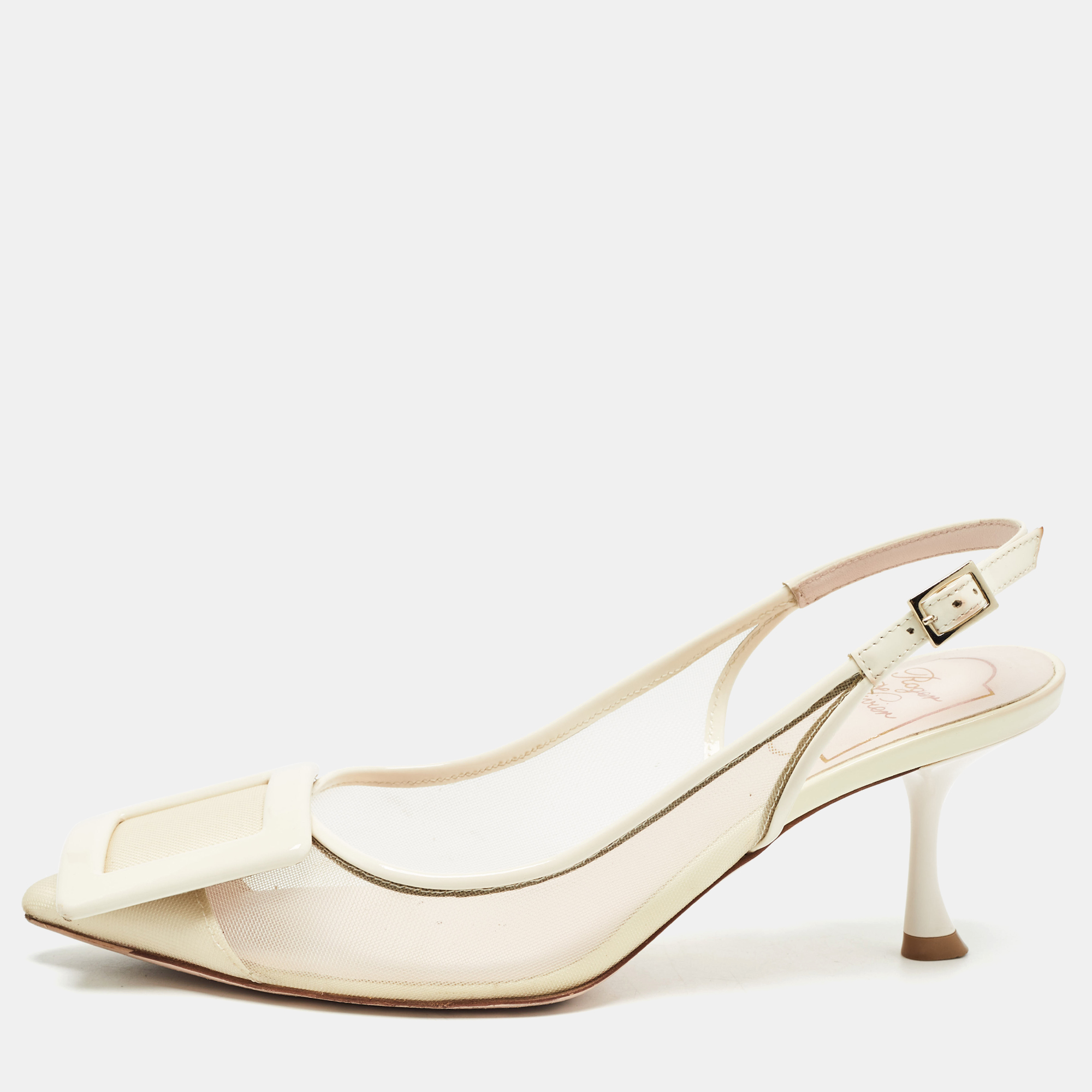 

Roger Vivier Cream Patent Leather and Mesh Viv in the City Pumps Size
