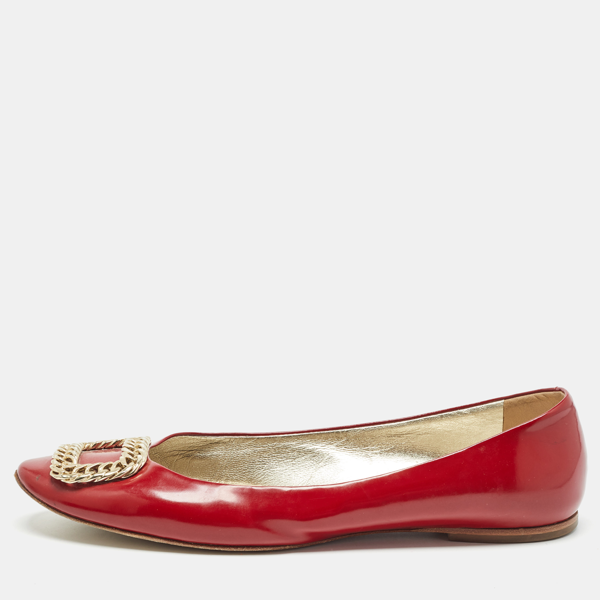 

Roger Vivier Dark Red Patent Leather Chain Buckle Ballet Flats Size